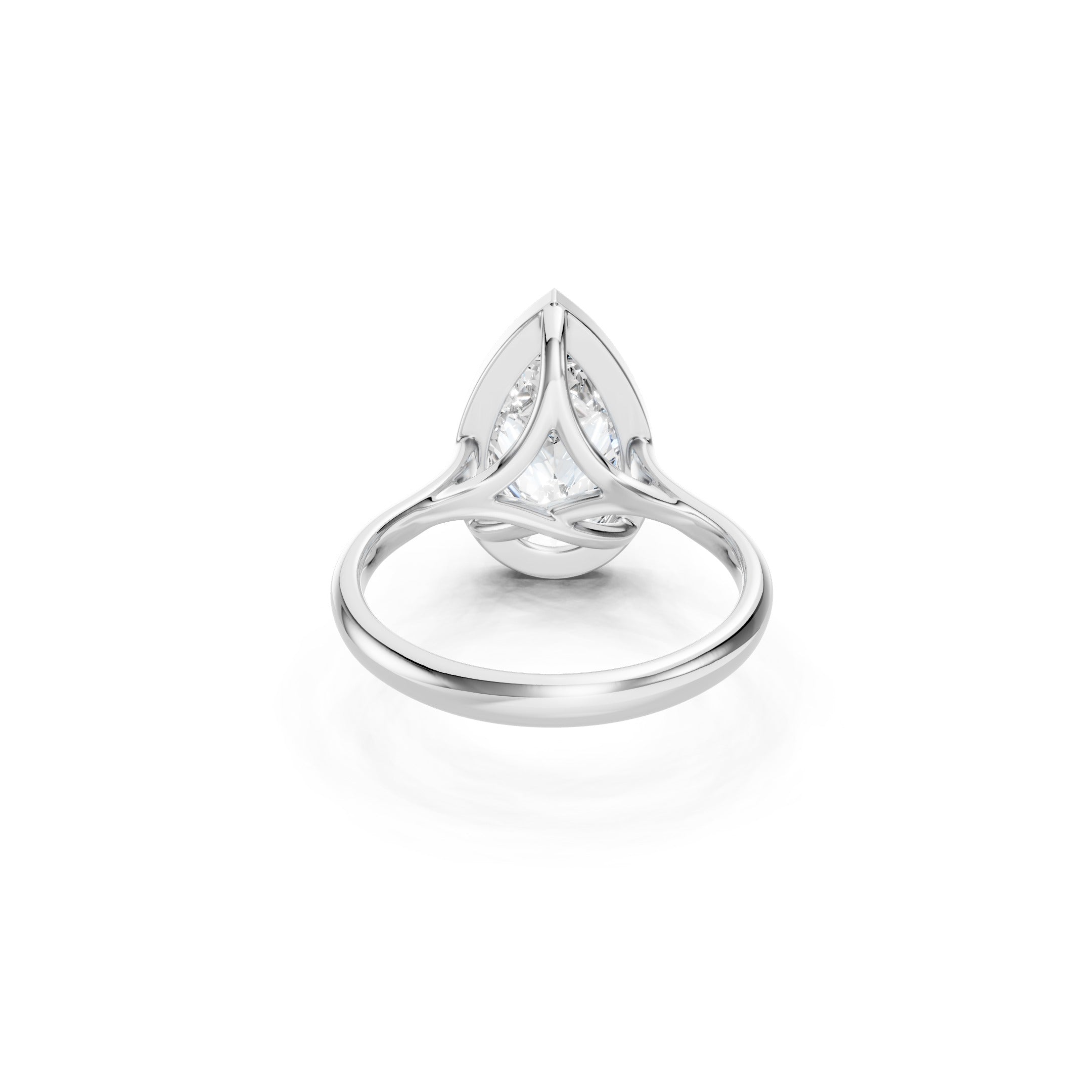 Pear Cut Lab Grown Diamond Ring in 14K White Gold, Detailed Open Gallery Setting with Sculpted Cathedral Style Ring Band.
