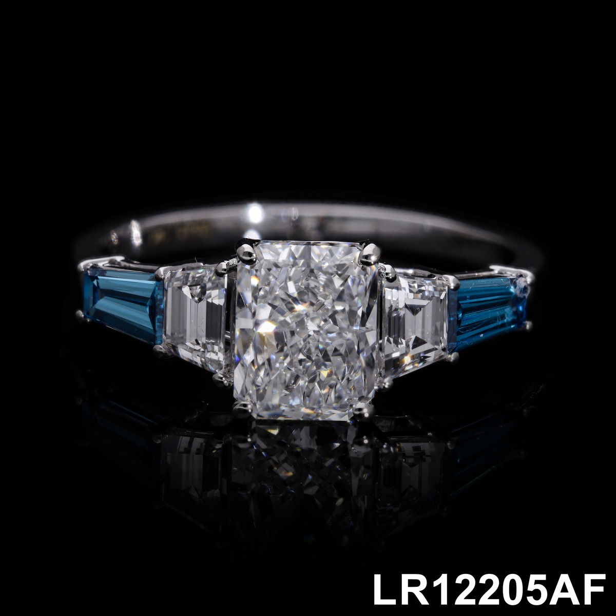 2.40 Ct White Radiant, White Trapezoid & Blue Tapered Baguette Cut Labgrown Diamond Five-Stone Ring | 14k Yellow, White, Rose Gold