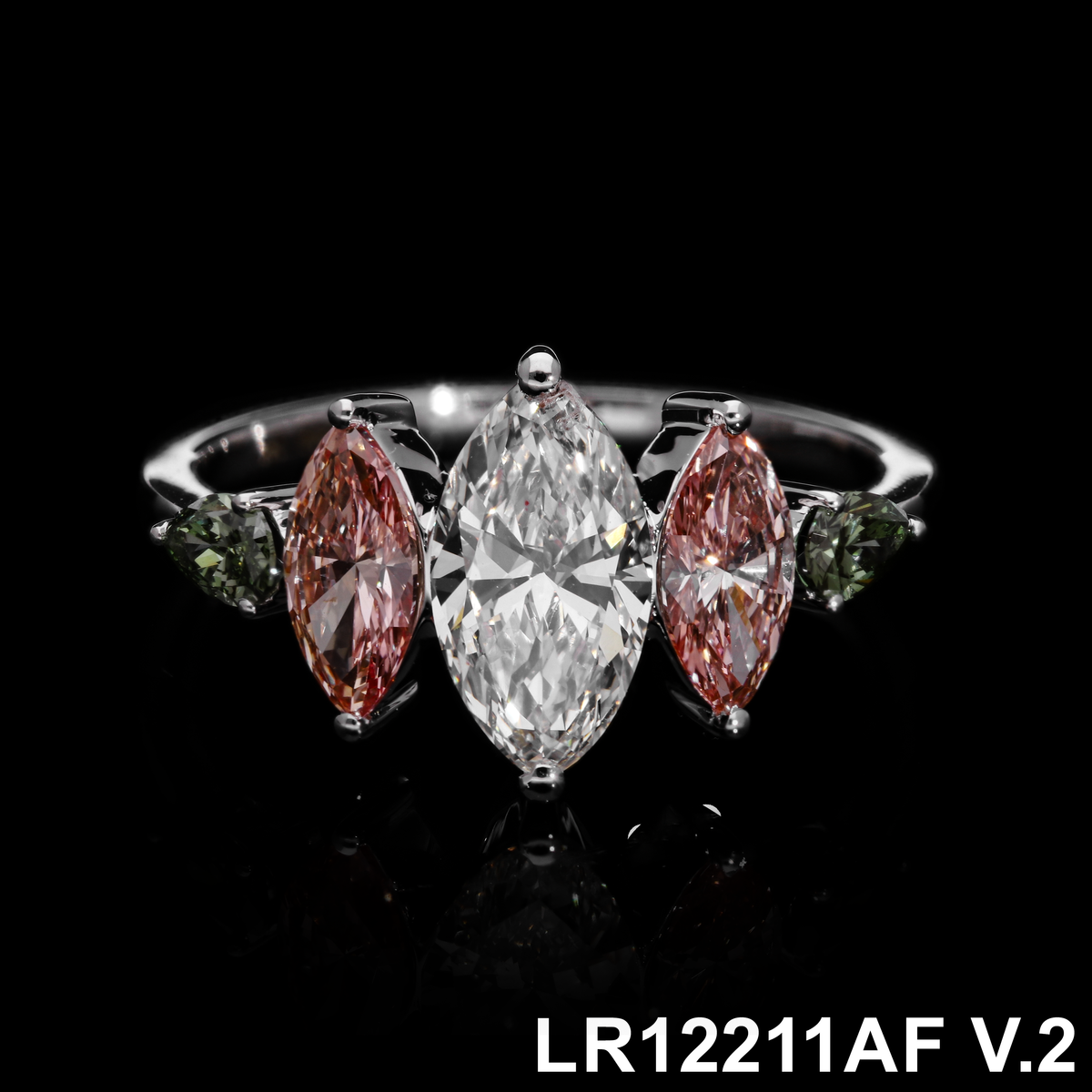 2.10 Ct White Marquise, Pink Marquise & Green Pear Labgrown Diamond Five-Stone Ring | 14k Yellow, White, Rose Gold