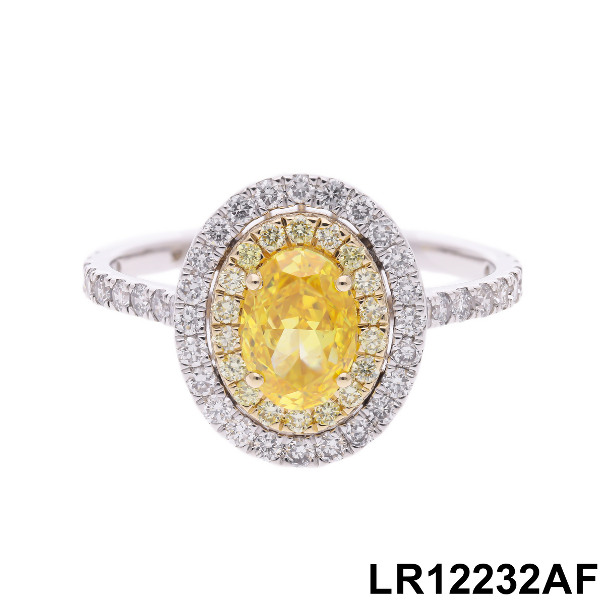 1.70 Ct Yellow Oval & White/Yellow Round Cut Labgrown Diamond Double Halo Ring | 14k White / Yellow / Rose Gold
