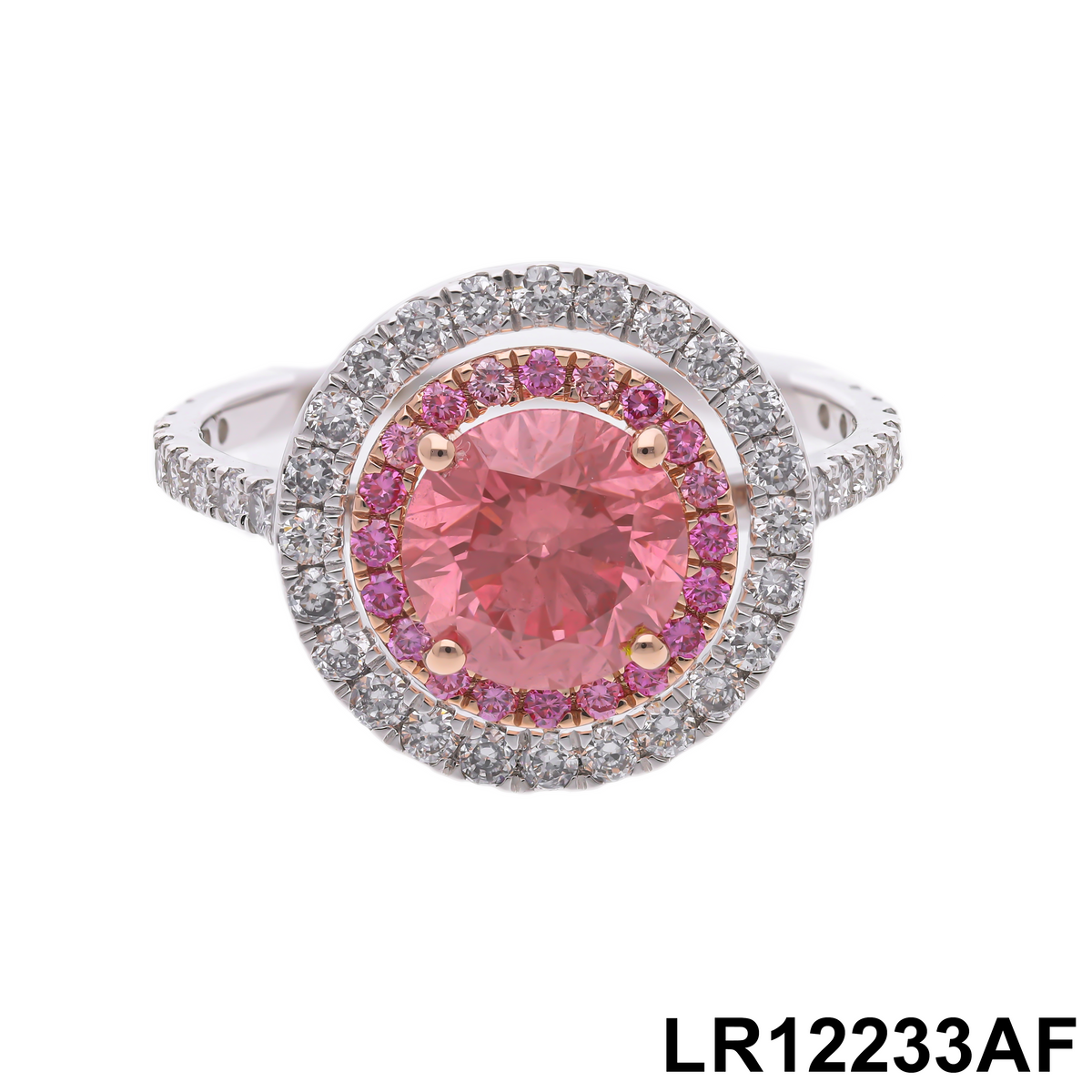 2.35 Ct Pink Round & White/Pink Round Cut Labgrown Diamond Double Halo Ring | 14k White / Yellow / Rose Gold