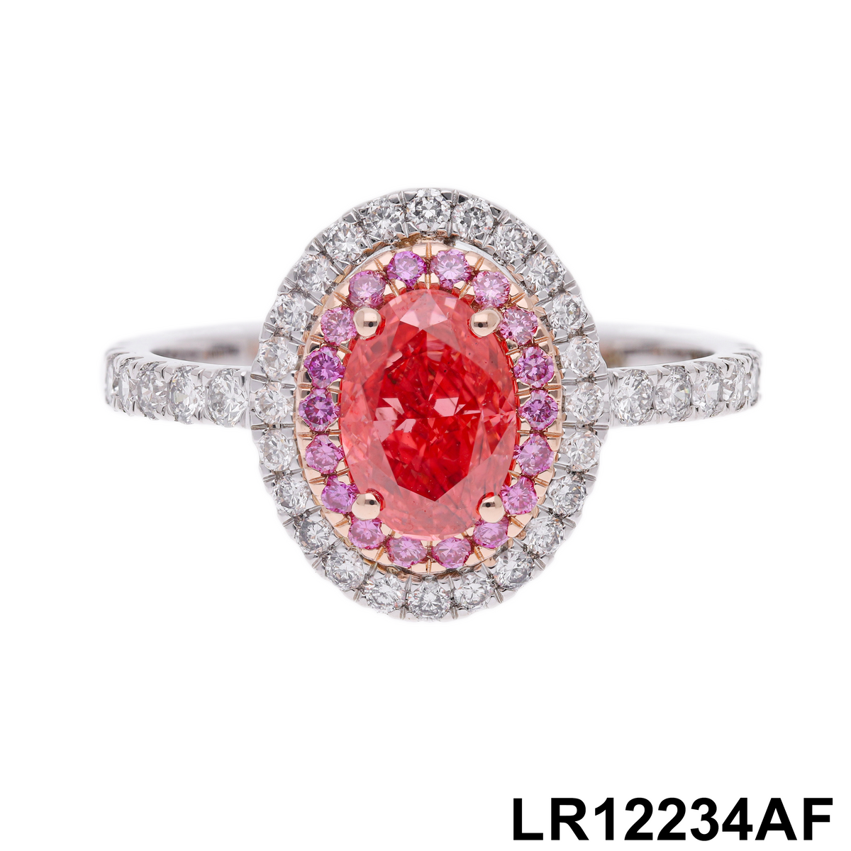 1.70 Ct Pink Oval & White/Pink Round Cut Labgrown Diamond Double Halo Ring | 14k Two-Tone Gold