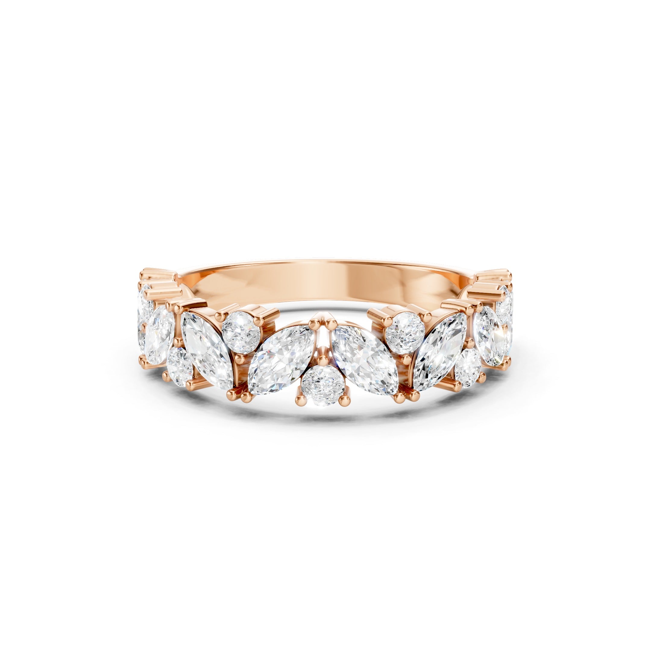 1.50 CT Lab Grown Diamond Eternity Wedding Band in Rose Gold, Featuring Alternating Marquise and Round Cut Diamonds in Prong Settings.