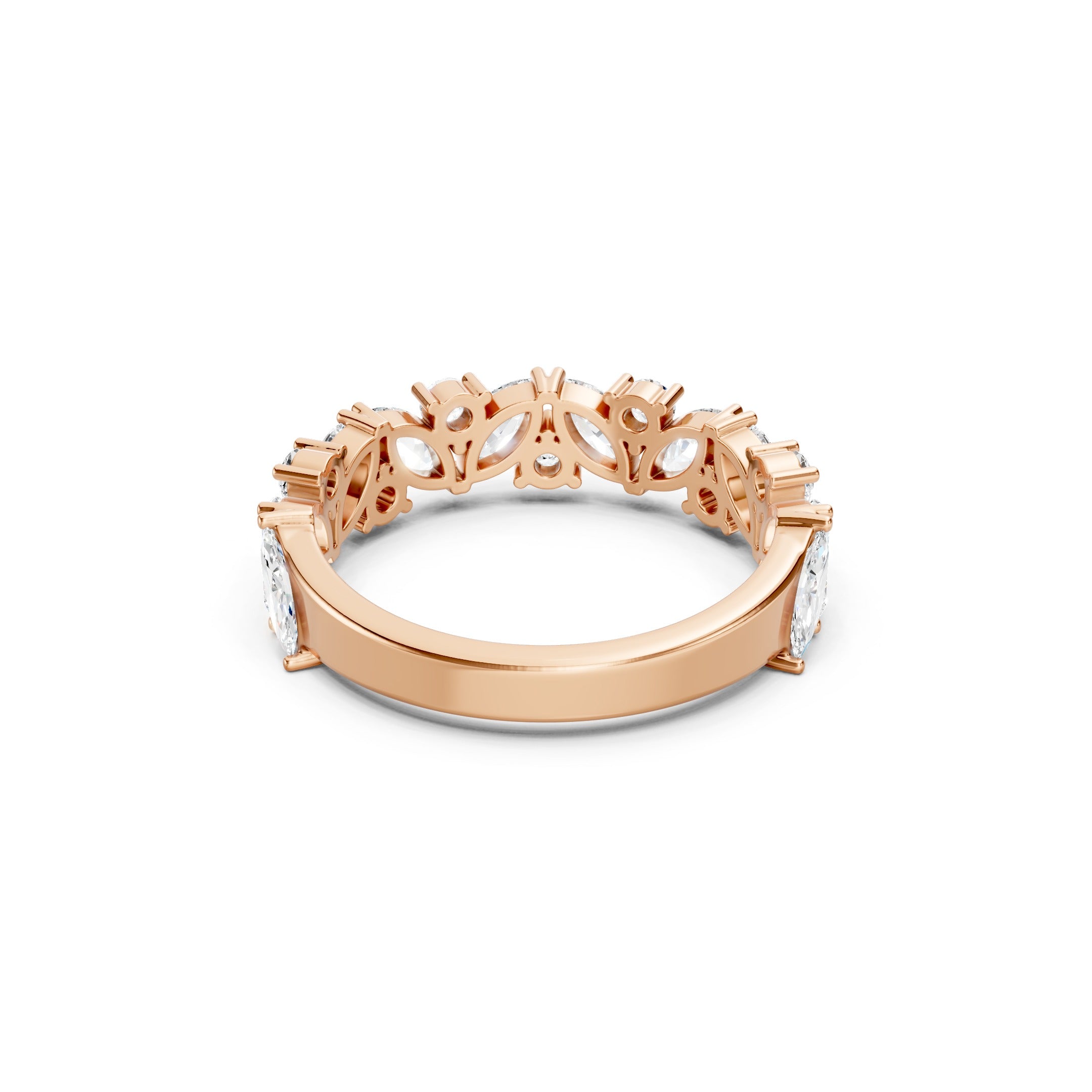 Rose Gold Diamond Eternity Band Showing Open Gallery Setting, Intricate Diamond Prongs, and Polished Gold Ring Shank.