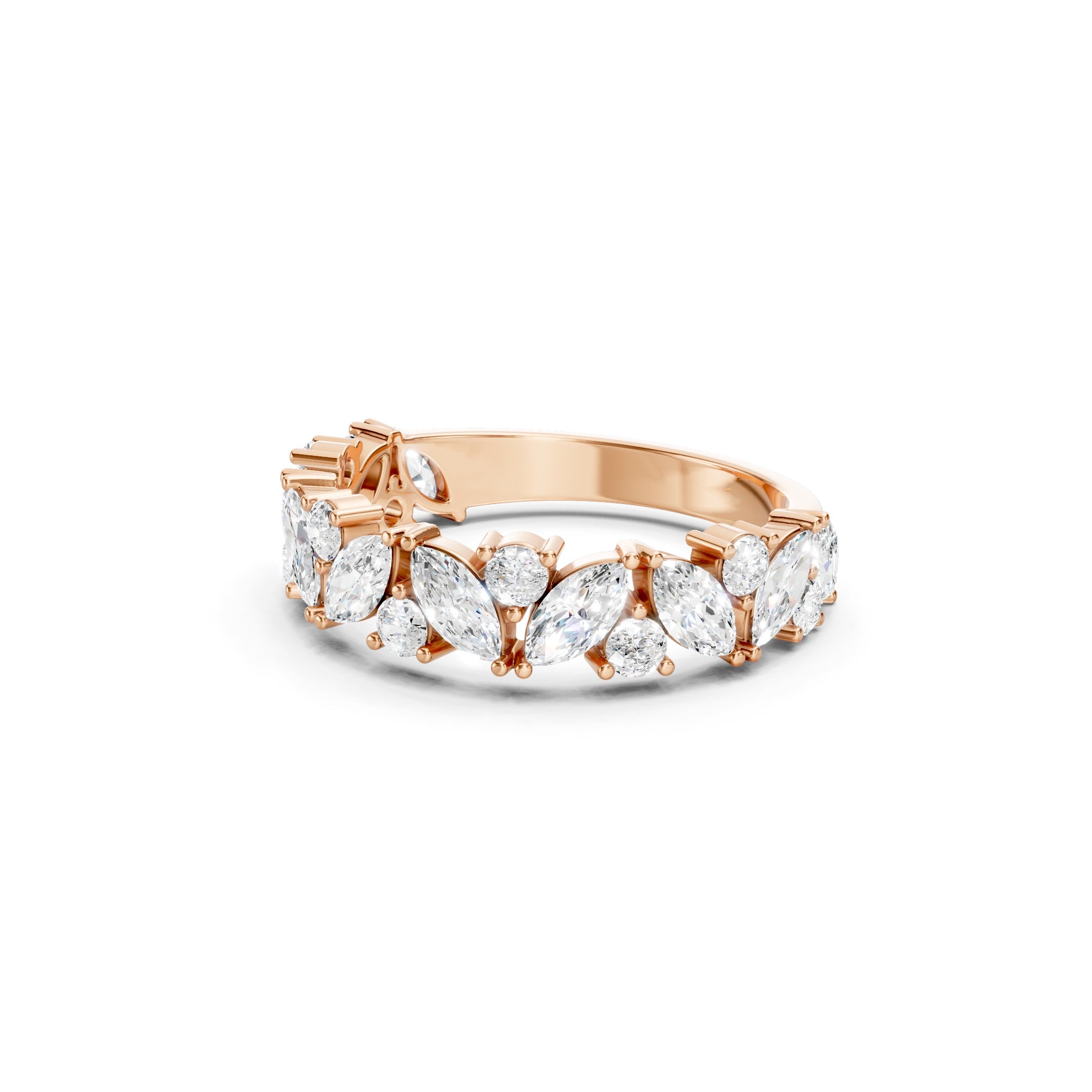 1.50 CT Lab Grown Diamond Eternity Wedding Band in Rose Gold, Featuring Alternating Marquise and Round Cut Diamonds in Prong Settings.