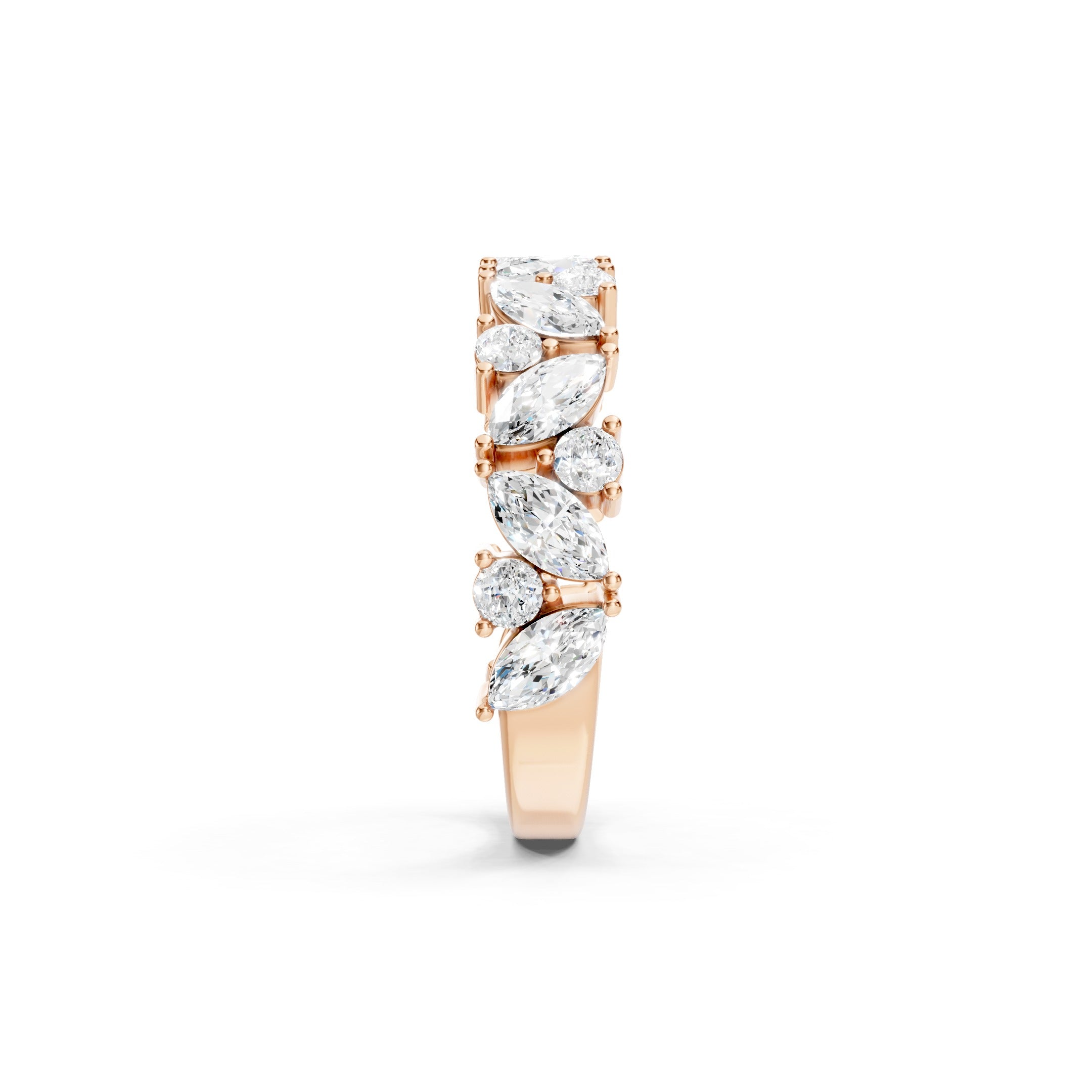 1.50 CT Lab Grown Diamond Eternity Wedding Band in Rose Gold, Featuring Alternating Marquise and Round Cut Diamonds in Prong Settings.
