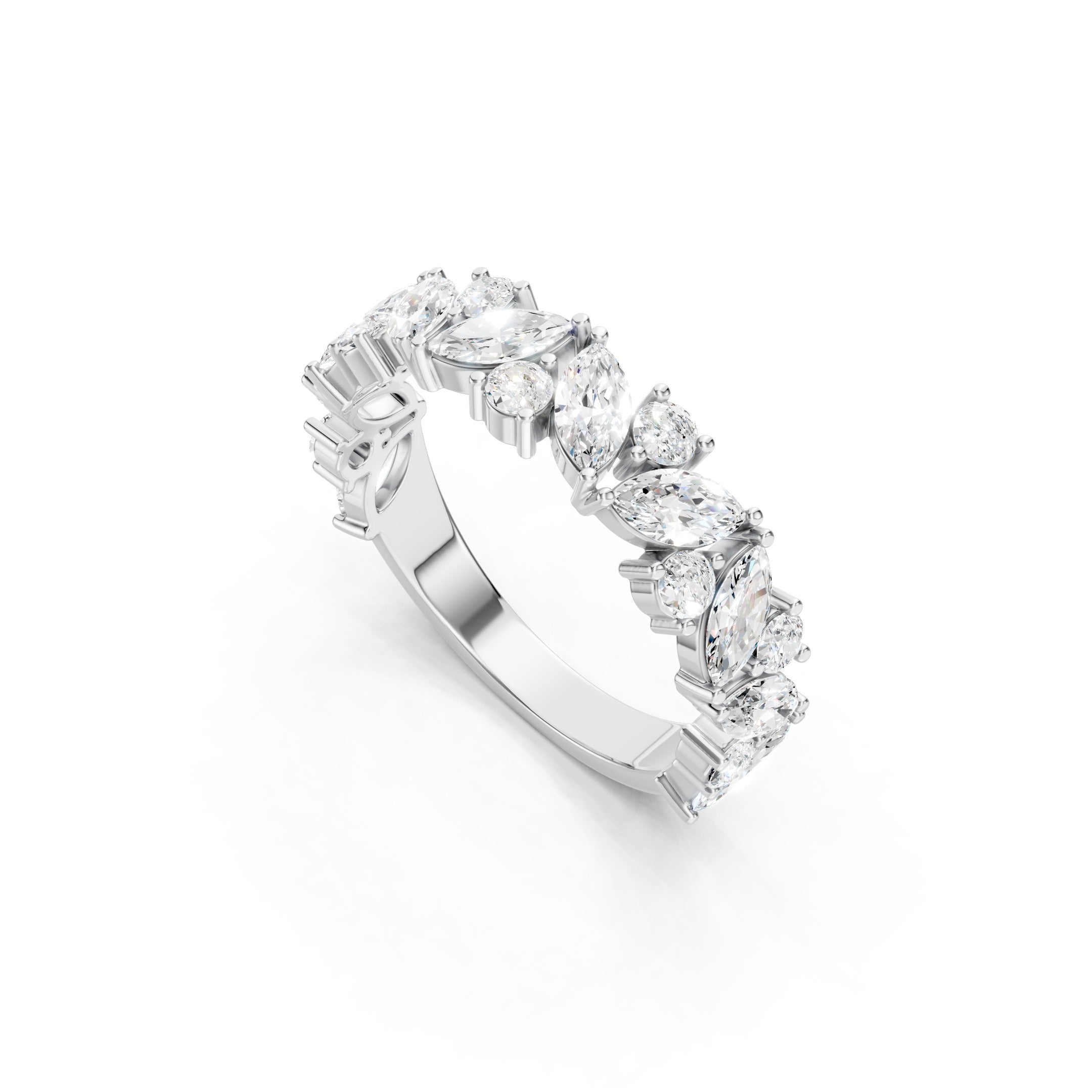 14K White Gold Lab Grown Diamond Wedding Band Featuring Marquise and Round Brilliant Diamonds in Prong Settings.