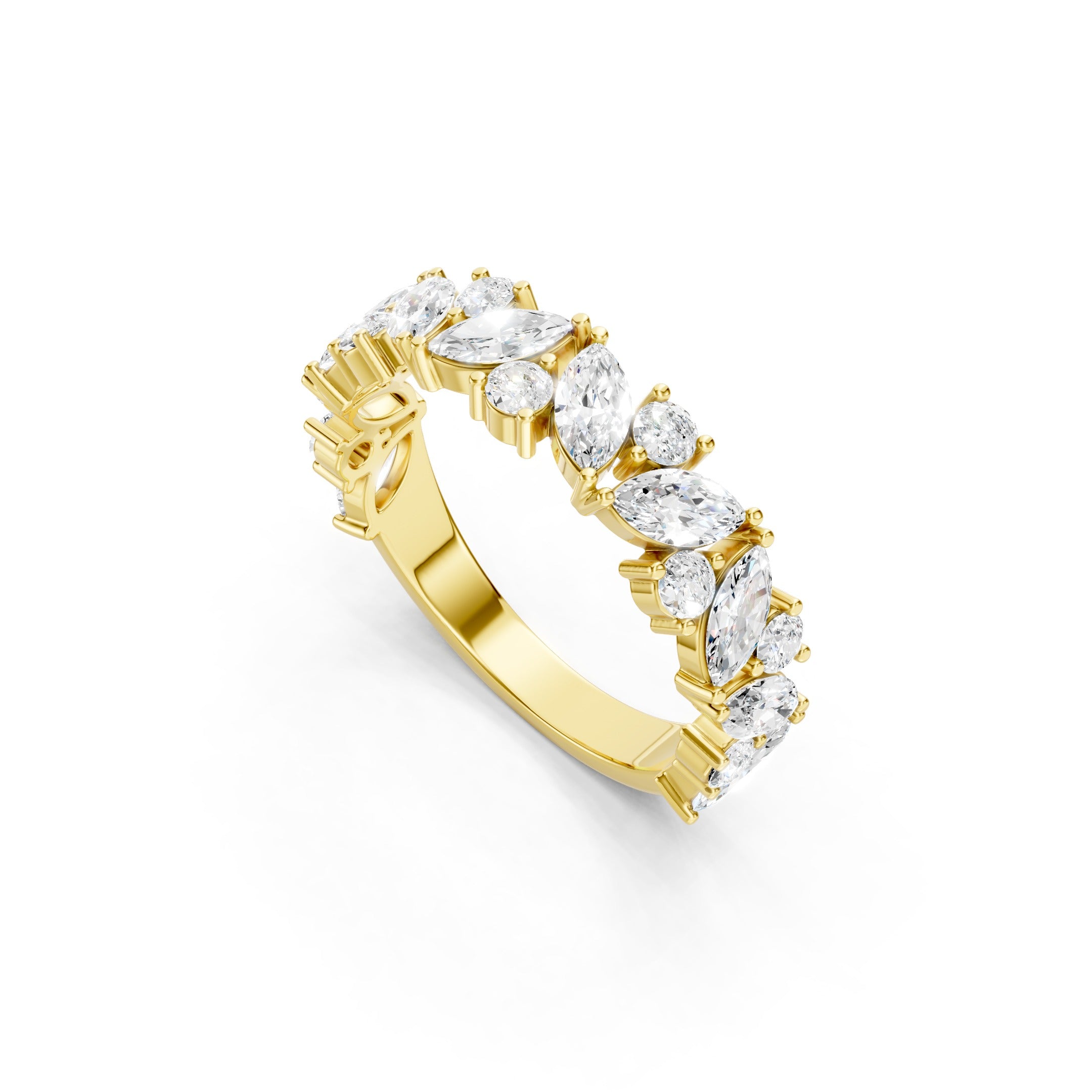 14K Yellow Gold Lab Grown Diamond Wedding Band Featuring Alternating Marquise and Round Brilliant Diamonds in Prong Settings.
