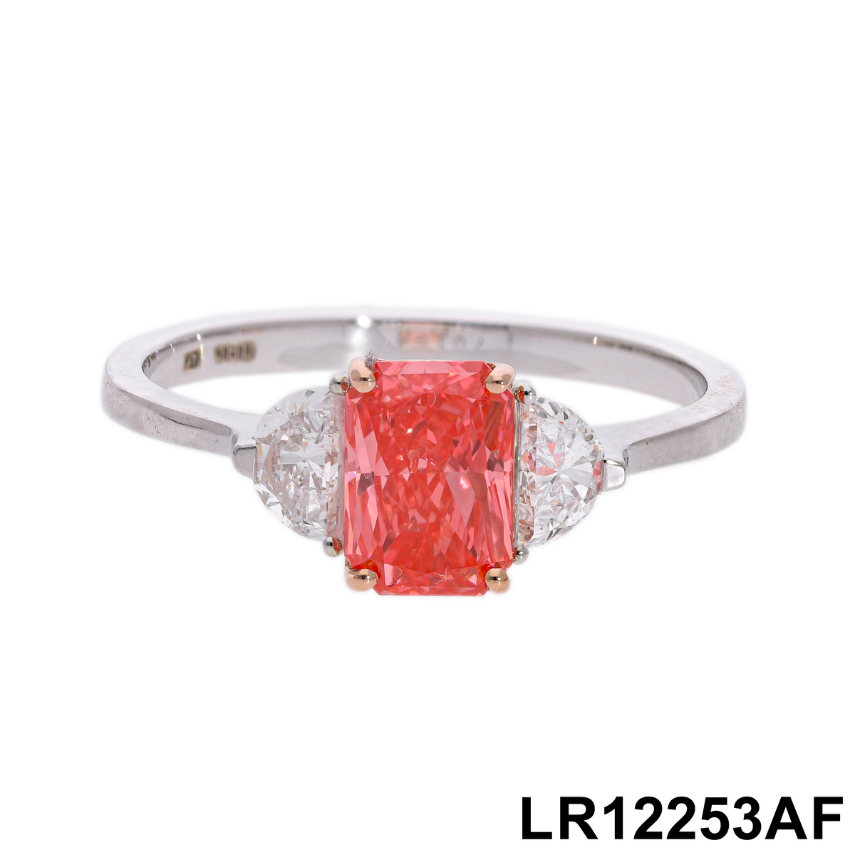 1.30 Ct Pink Radiant & White Half Moon Cut Labgrown Diamond Three-Stone Ring | 14k Yellow, White, Rose Gold