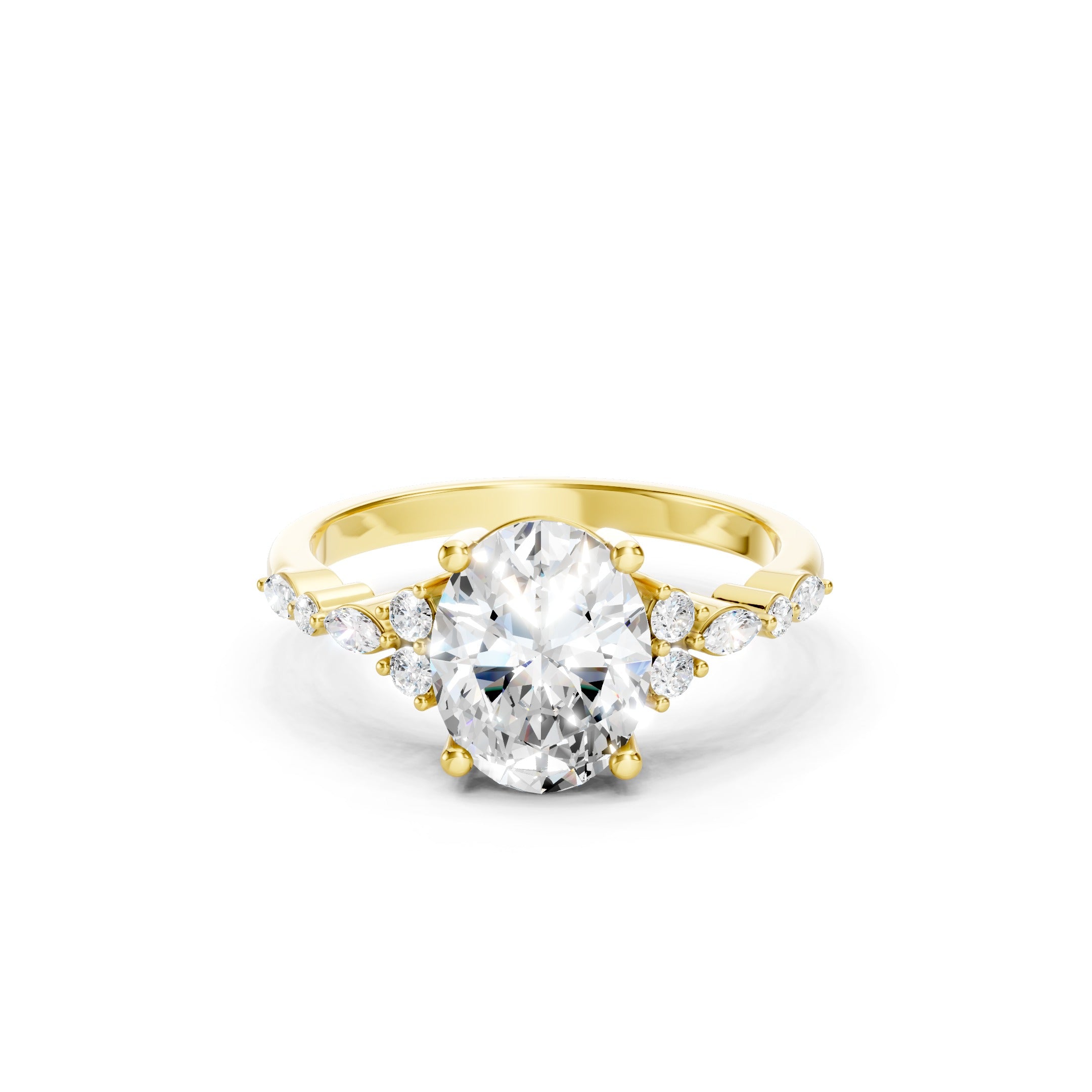 Oval Cut Lab Grown Diamond Engagement Ring in 14K Yellow Gold, Round and Marquise Diamond Accents, Elegant Bridal Ring.