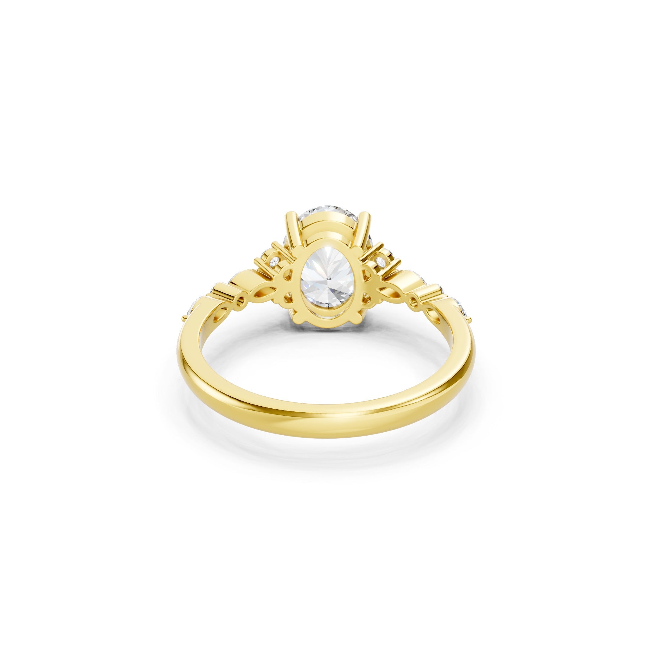 14K Yellow Gold Oval Lab Diamond Wedding Ring, Elegant Prong Set Center Stone with Diamond Accent Shoulders.