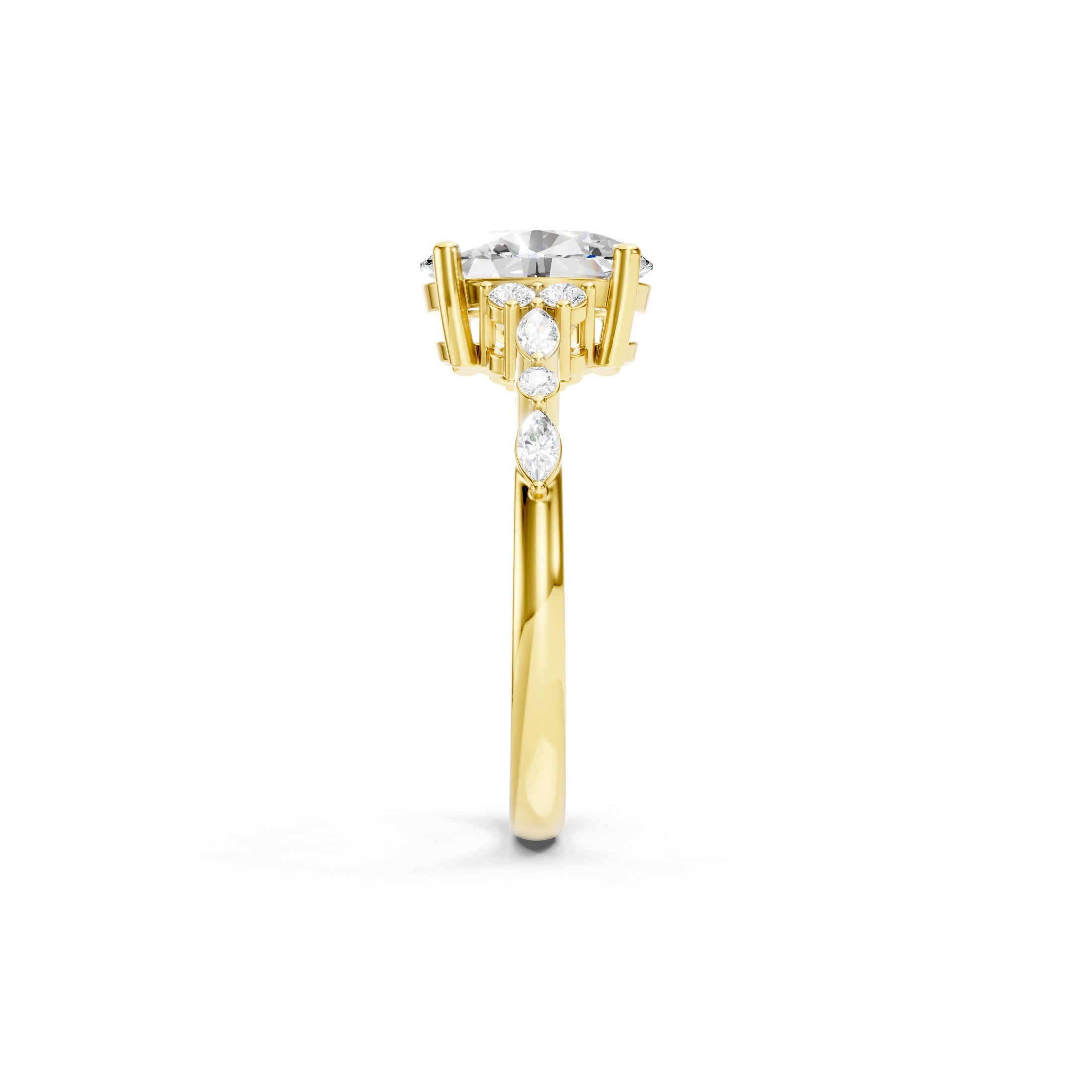 Oval Cut Lab Grown Diamond Engagement Ring in 14K Yellow Gold, Round and Marquise Diamond Accents, Elegant Bridal Ring.