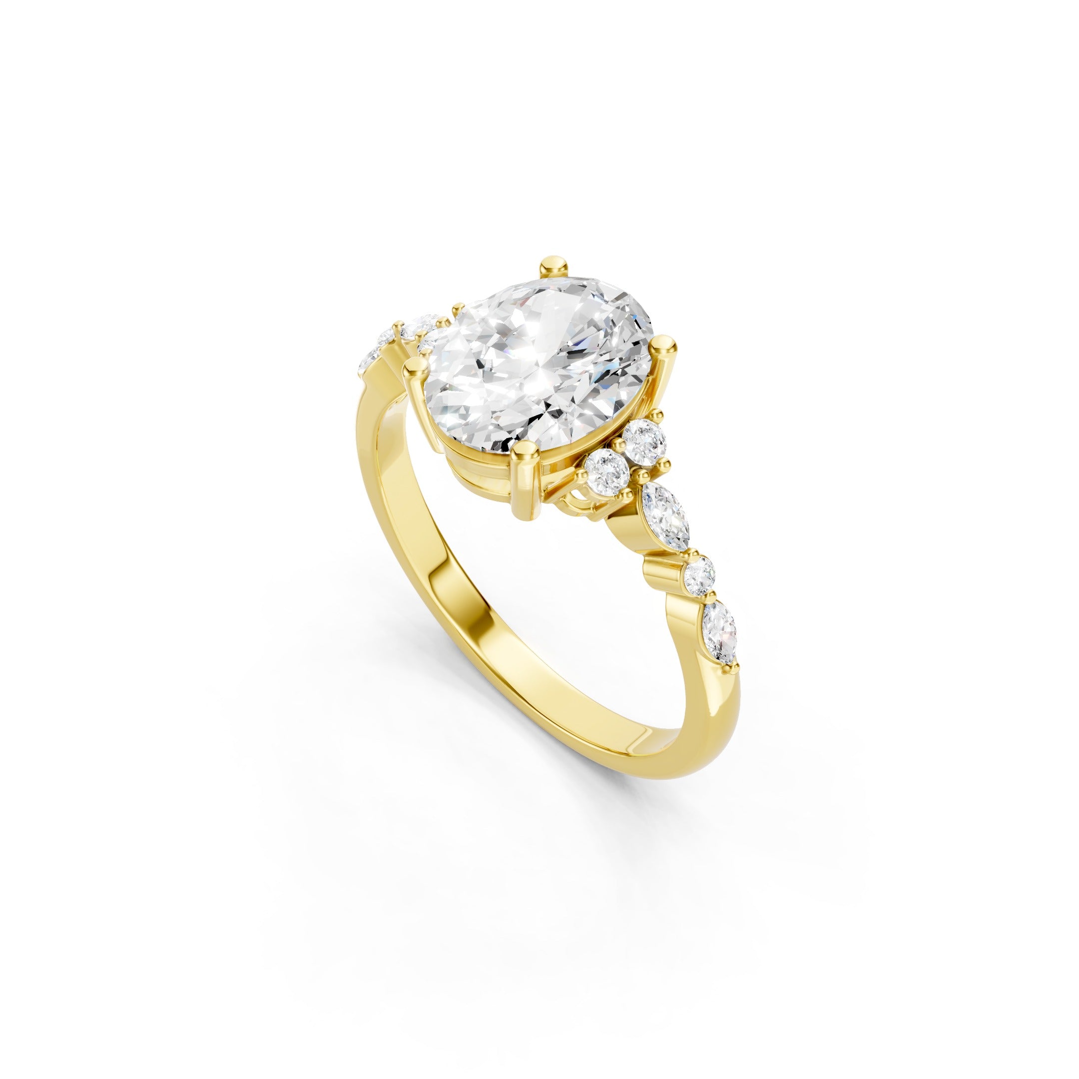 2.00 CT Lab Grown Diamond Oval Engagement Ring, Yellow Gold Solitaire Style Ring with Sparkling Round and Marquise Side Stones.