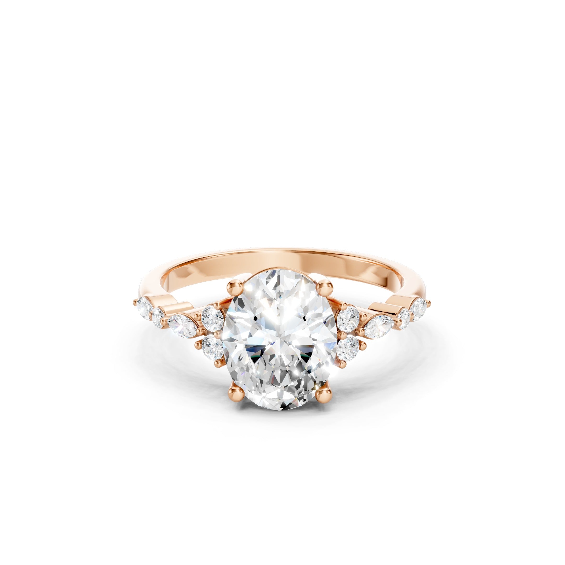 Oval Cut Lab Grown Diamond Engagement Ring in 14K Rose Gold, Round and Marquise Diamond Accents, Luxury Bridal Jewelry.