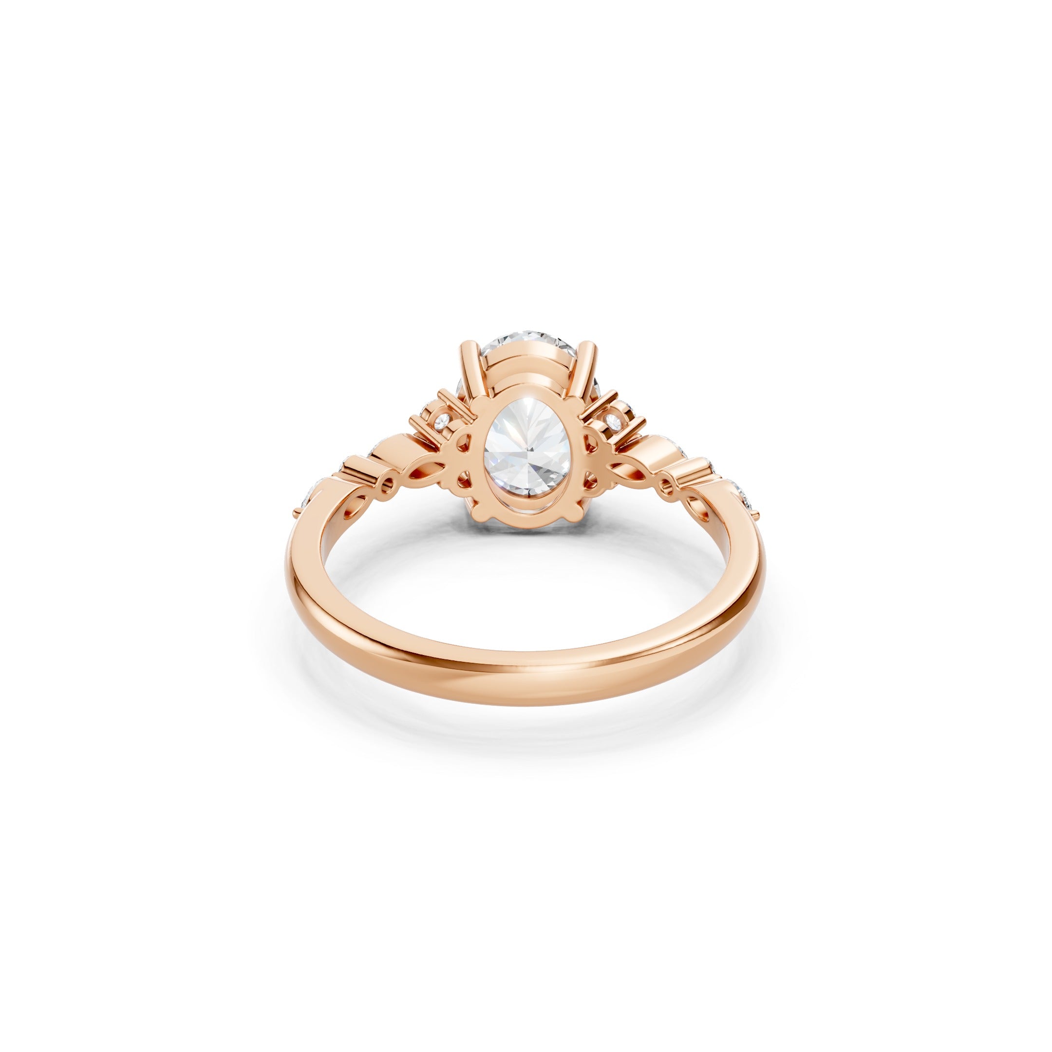 14K Rose Gold Oval Diamond Wedding Ring, Prong Set Lab Grown Center Diamond with Elegant Diamond Accent Band.