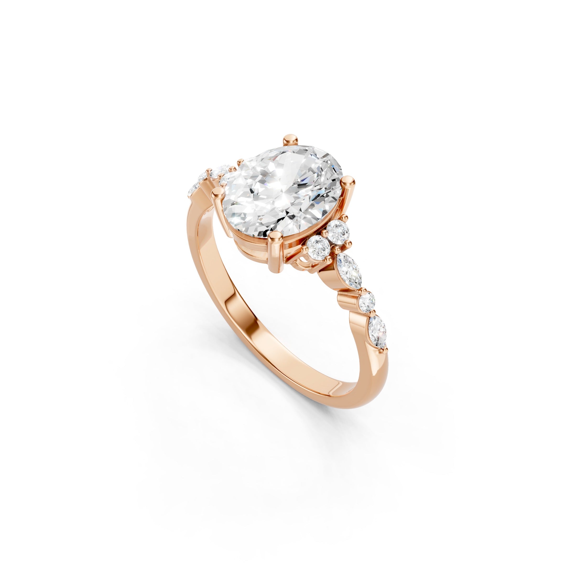 2.00 CT Oval Lab Grown Diamond Ring, Rose Gold Solitaire Engagement Ring with Round and Marquise Side Diamonds.