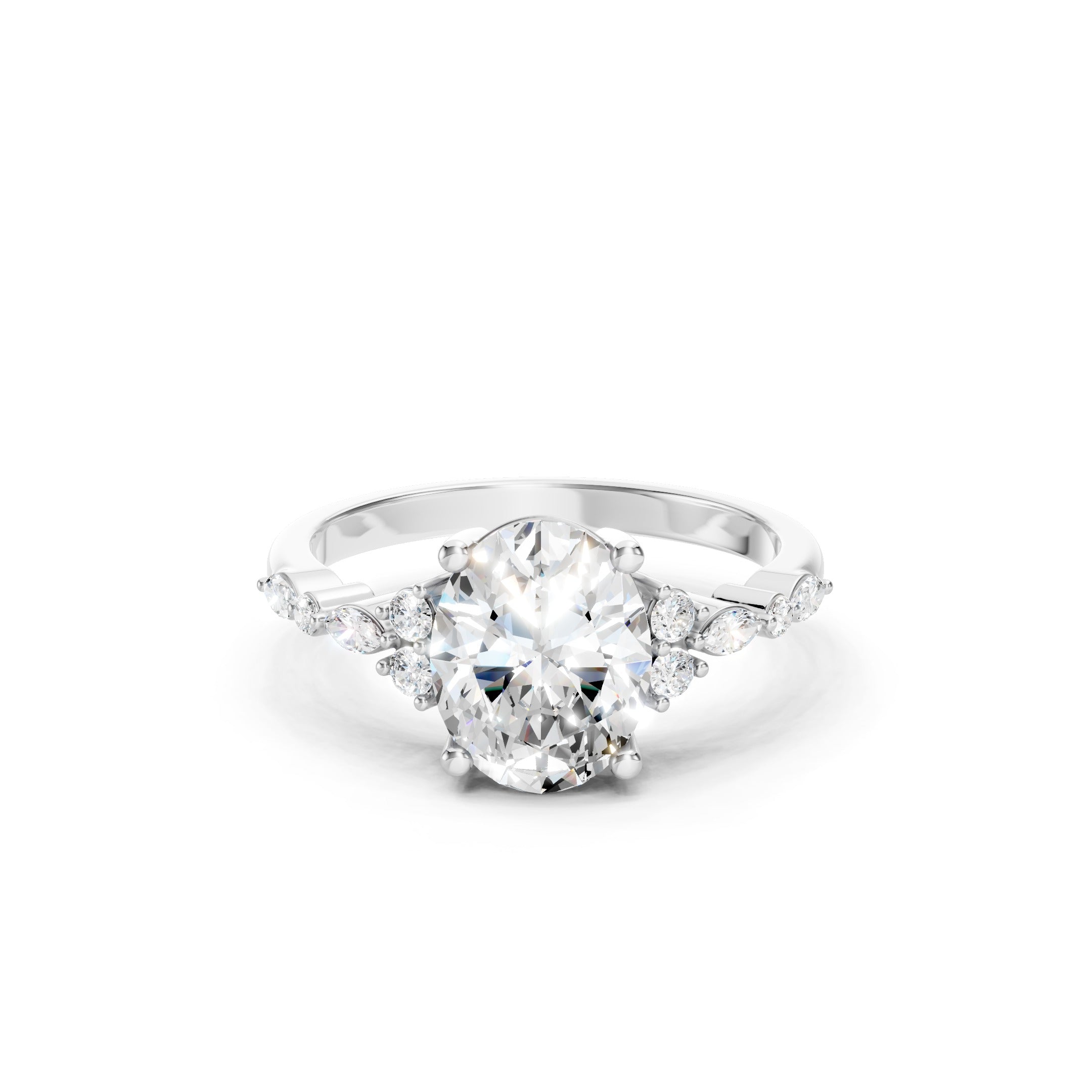 Oval Cut Lab Grown Diamond Engagement Ring in 14K White Gold, Round and Marquise Diamond Accents, Elegant Bridal Ring.