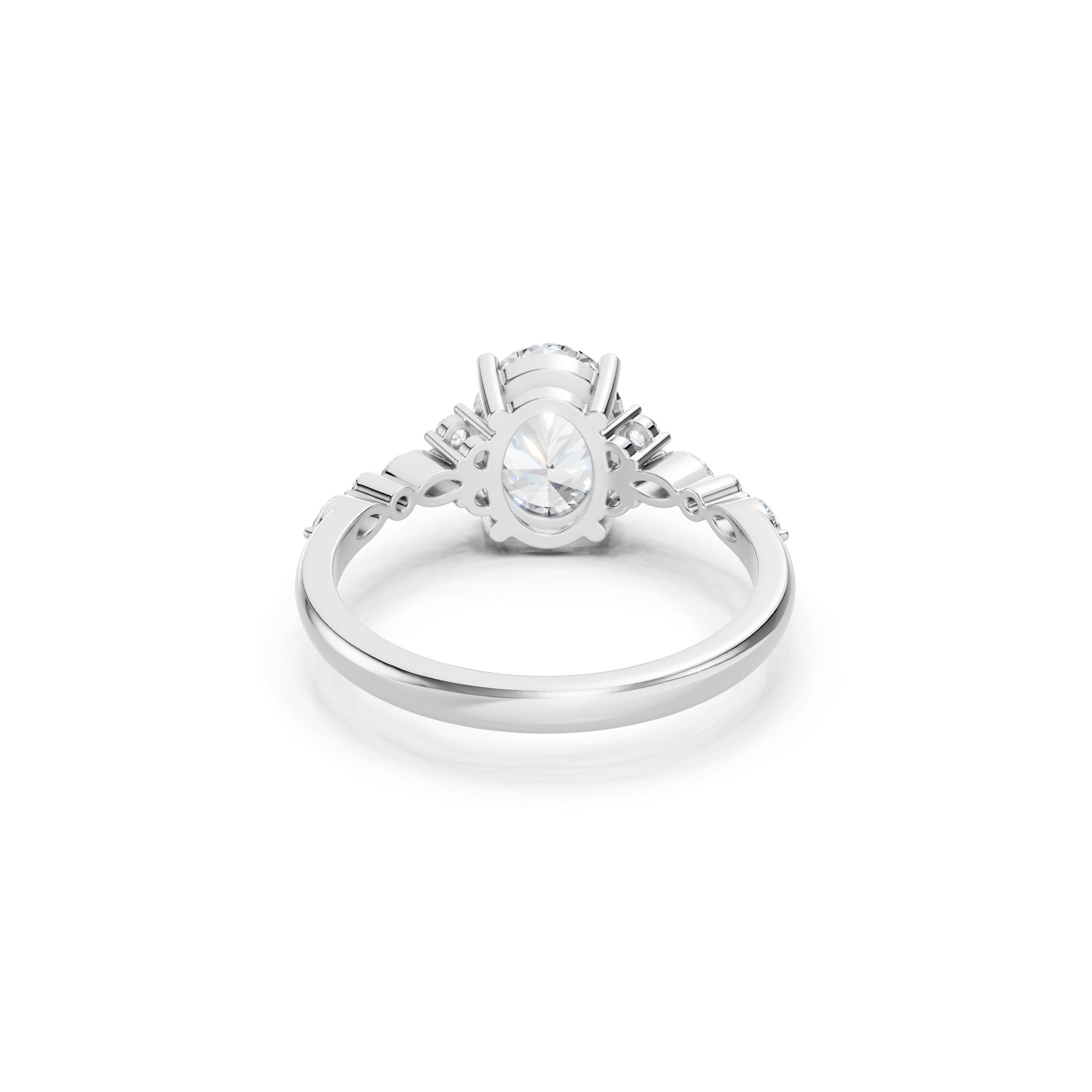 14K White Gold Oval Lab Diamond Wedding Ring, Prong Set Center Stone with Round and Marquise Diamond Accents.