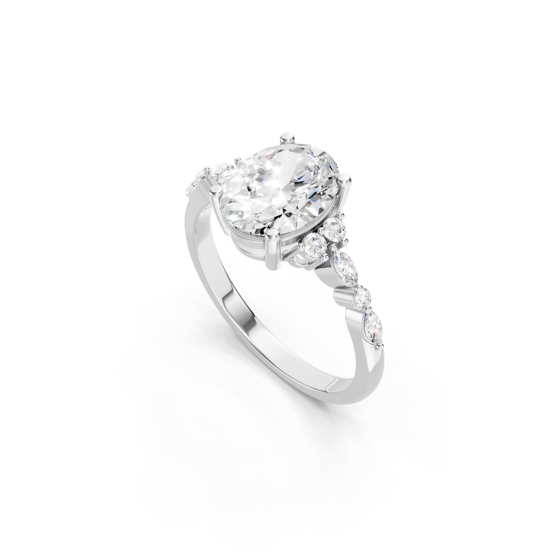 2.00 CT Oval Lab Grown Diamond Engagement Ring, White Gold Solitaire Style Ring with Sparkling Side Stones.