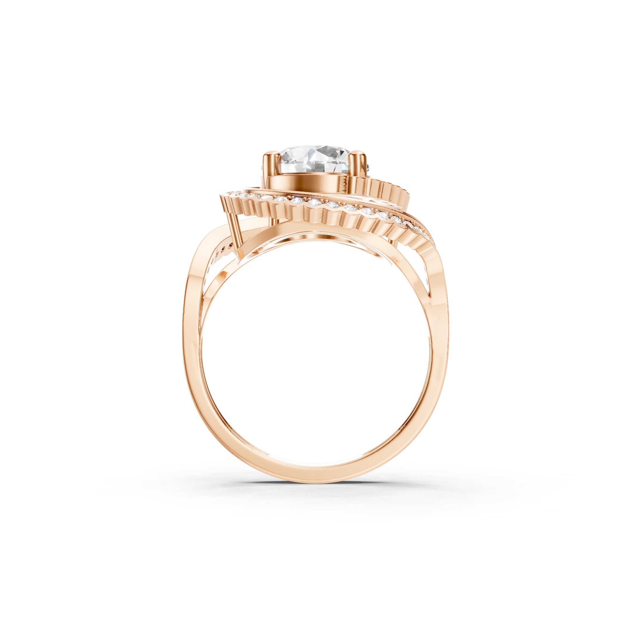 Rose Gold Lab Grown Diamond Spiral Halo Engagement Ring with Round Cut Center Stone