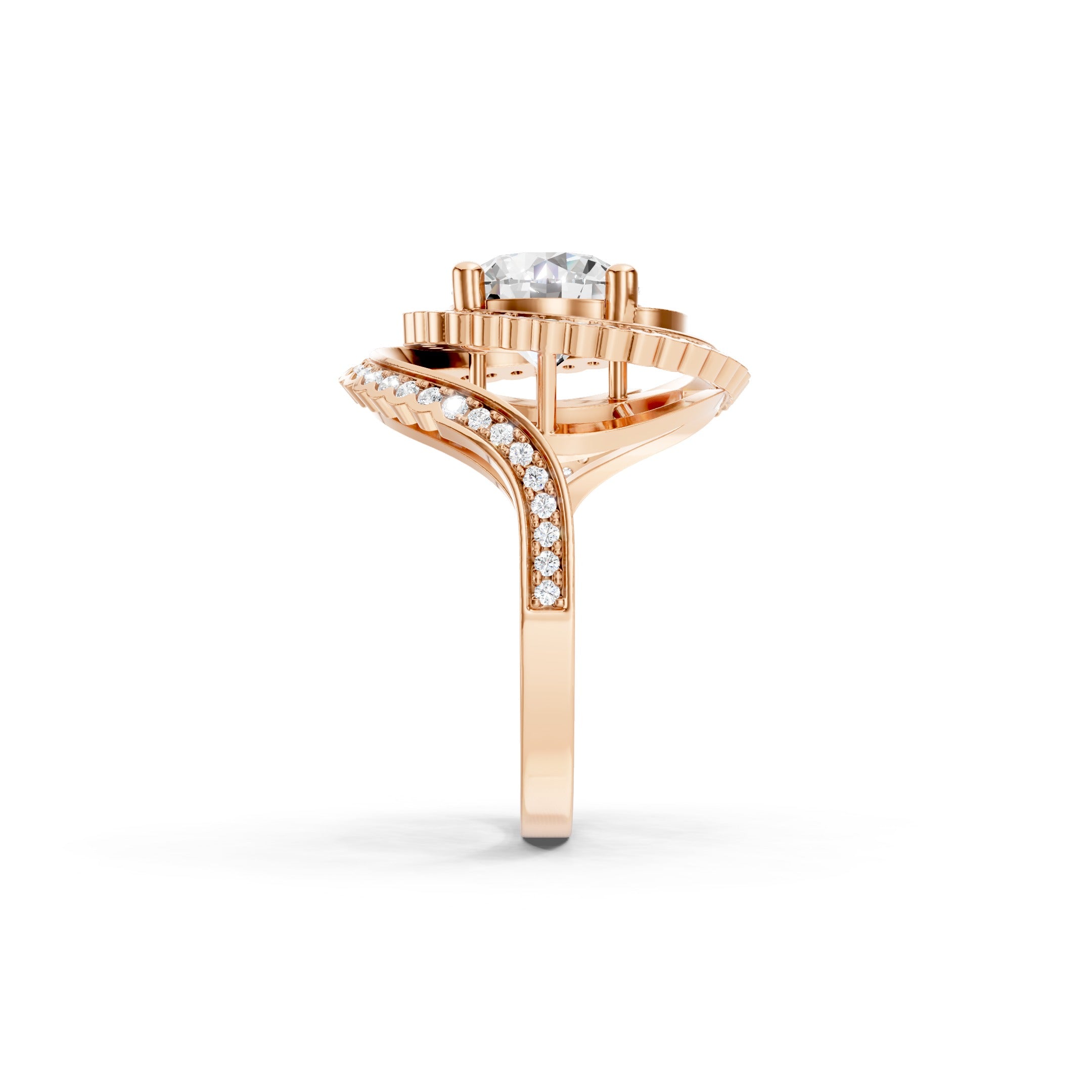Rose Gold Lab Grown Diamond Spiral Halo Engagement Ring with Round Cut Center Stone