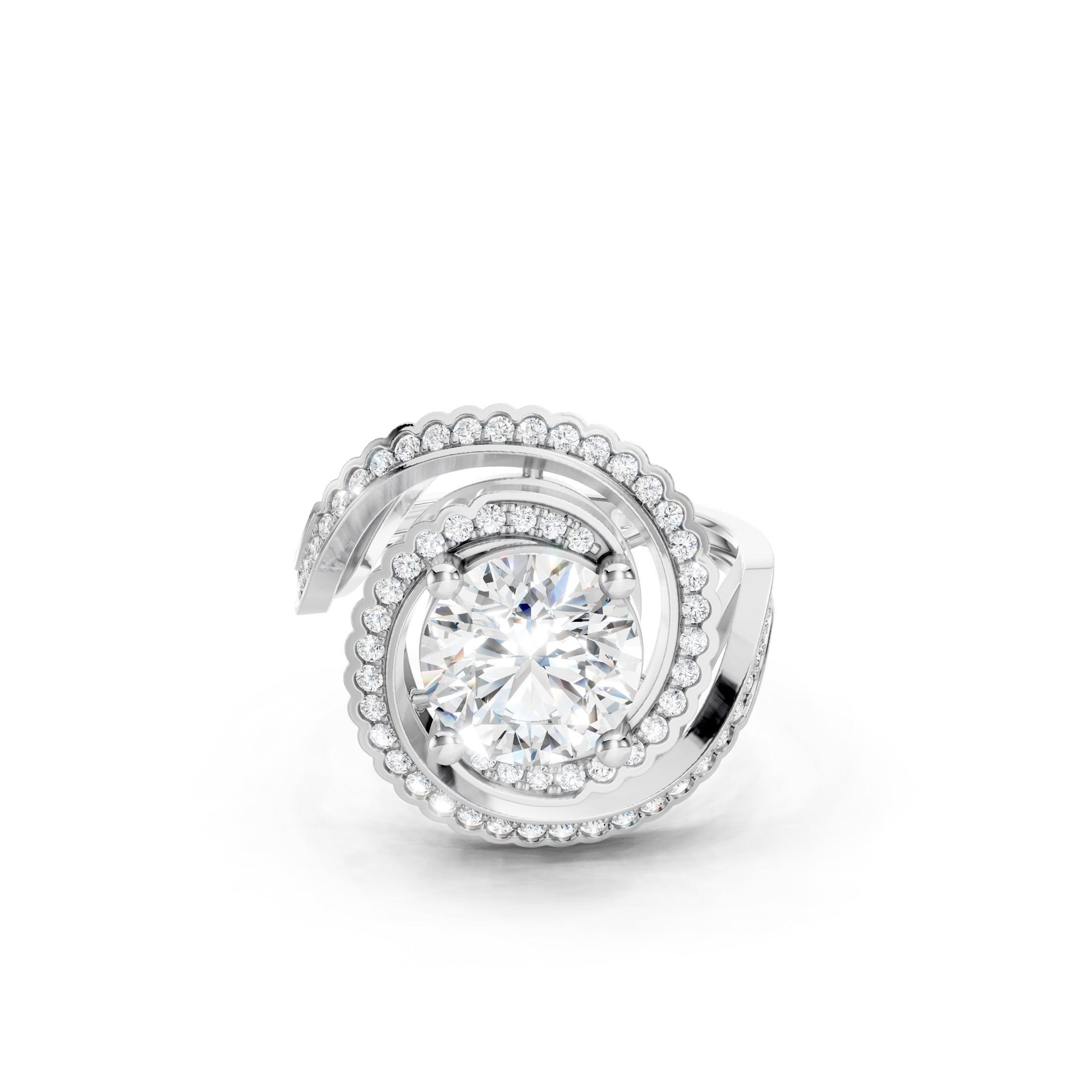 White Gold Lab Grown Diamond Spiral Halo Engagement Ring with Round Cut Center Stone