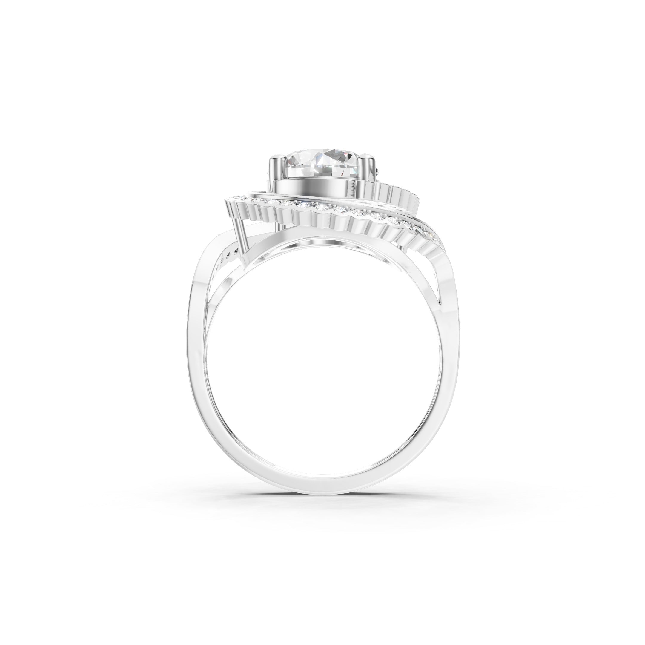 White Gold Lab Grown Diamond Spiral Halo Engagement Ring with Round Cut Center Stone