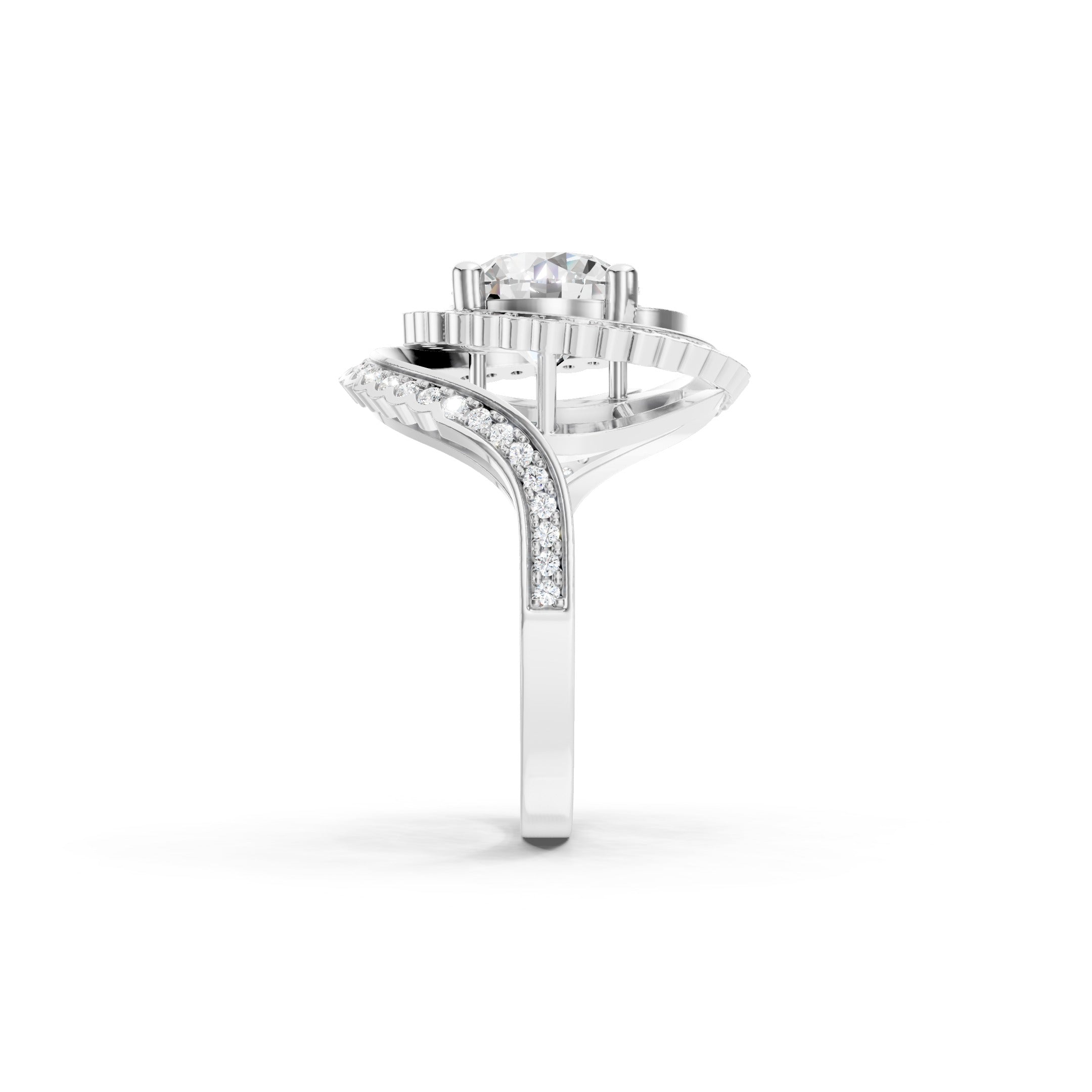 White Gold Lab Grown Diamond Spiral Halo Engagement Ring with Round Cut Center Stone