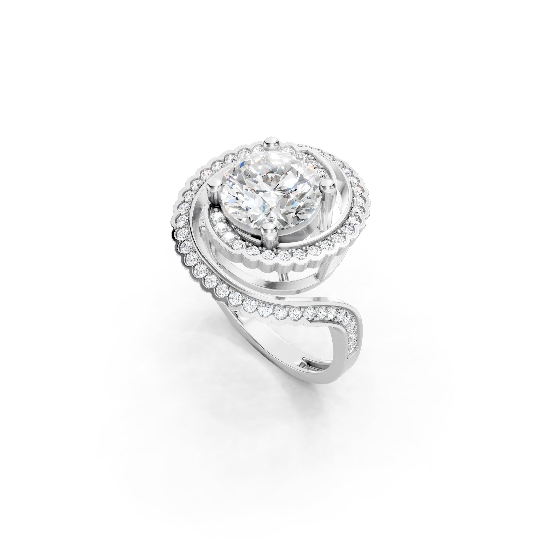 14K White Gold Round Diamond Engagement Ring with Double Spiral Pavé Halo Design
