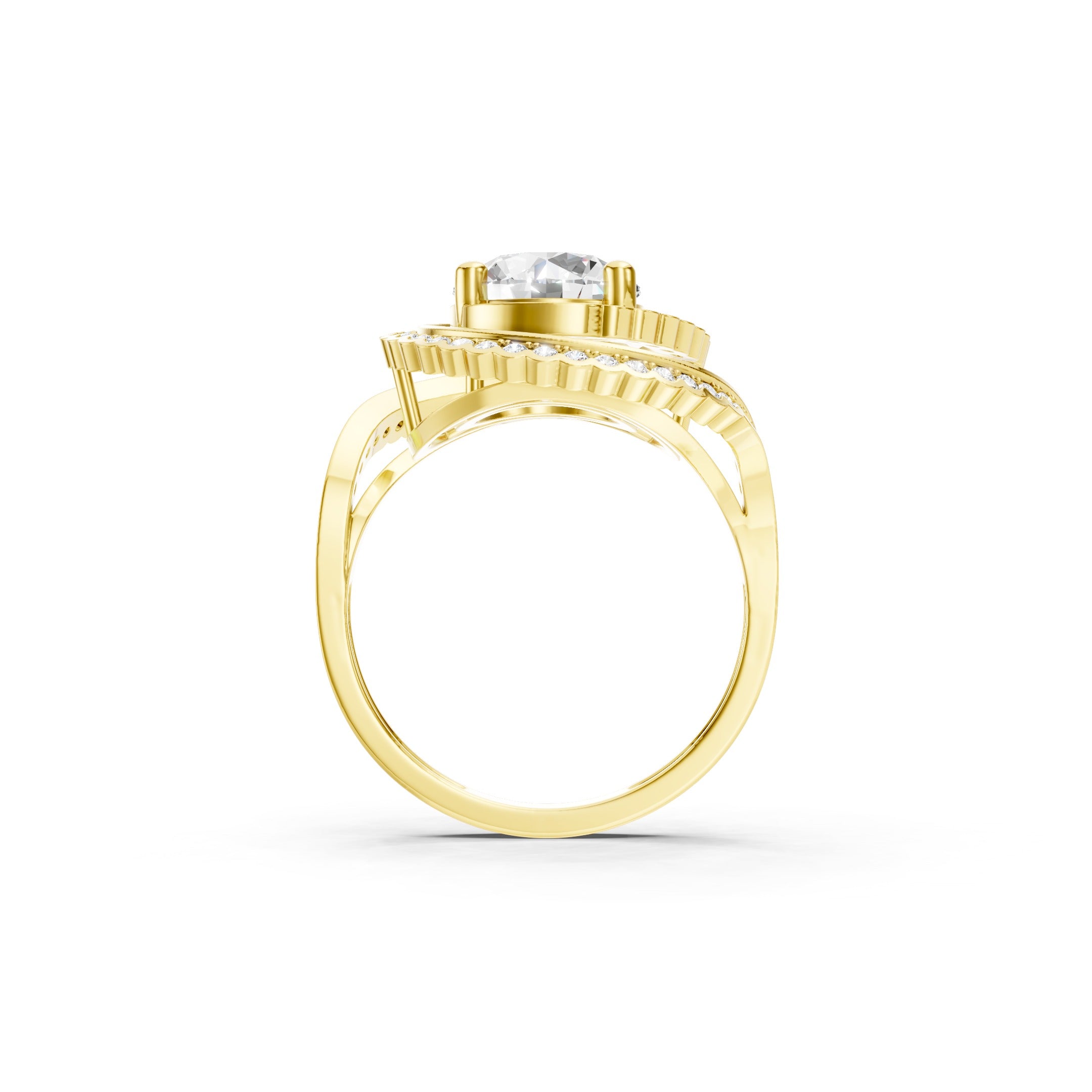 Yellow Gold Lab Grown Diamond Spiral Halo Engagement Ring with Round Cut Center Stone