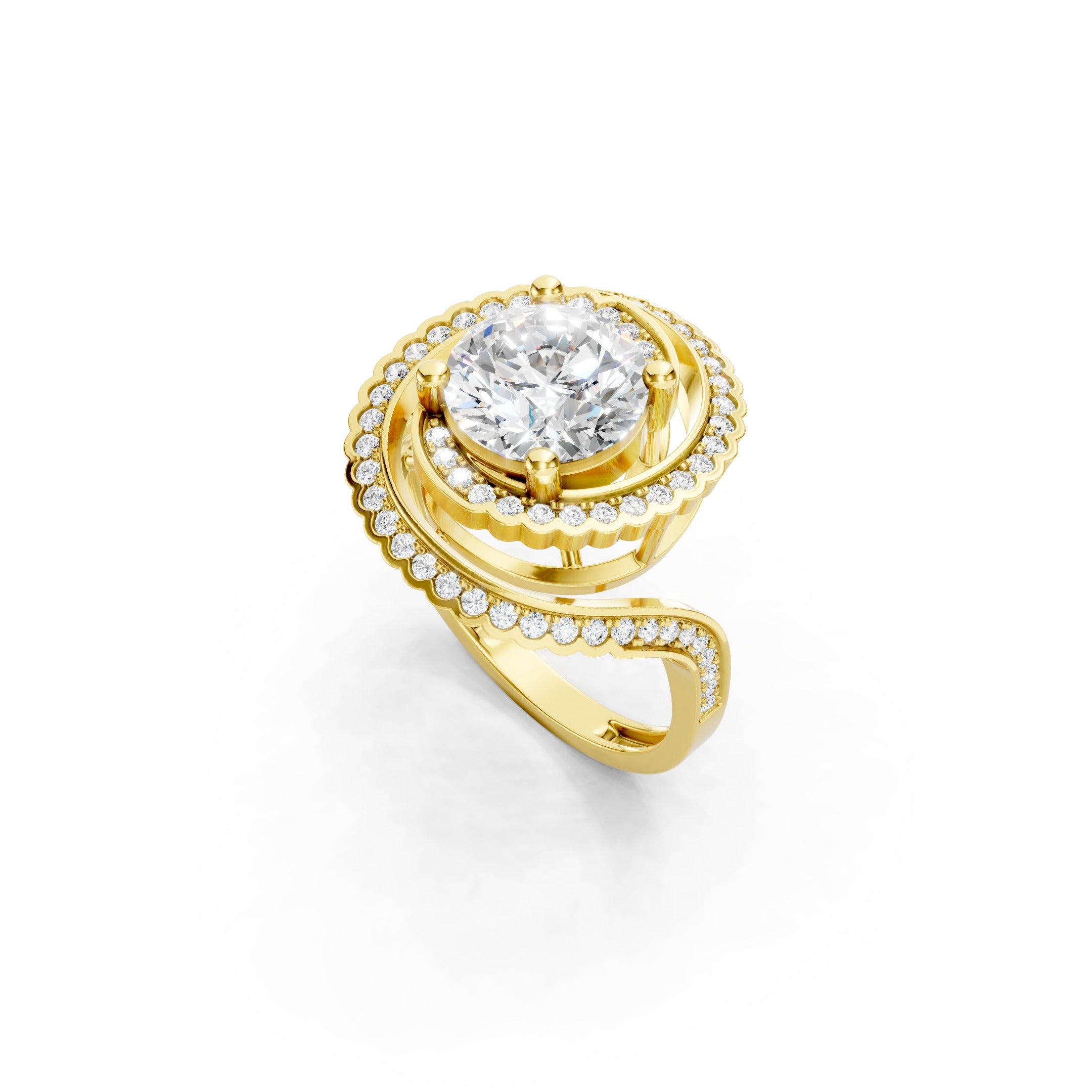 14K Yellow Gold Round Diamond Engagement Ring with Double Spiral Pavé Halo Design