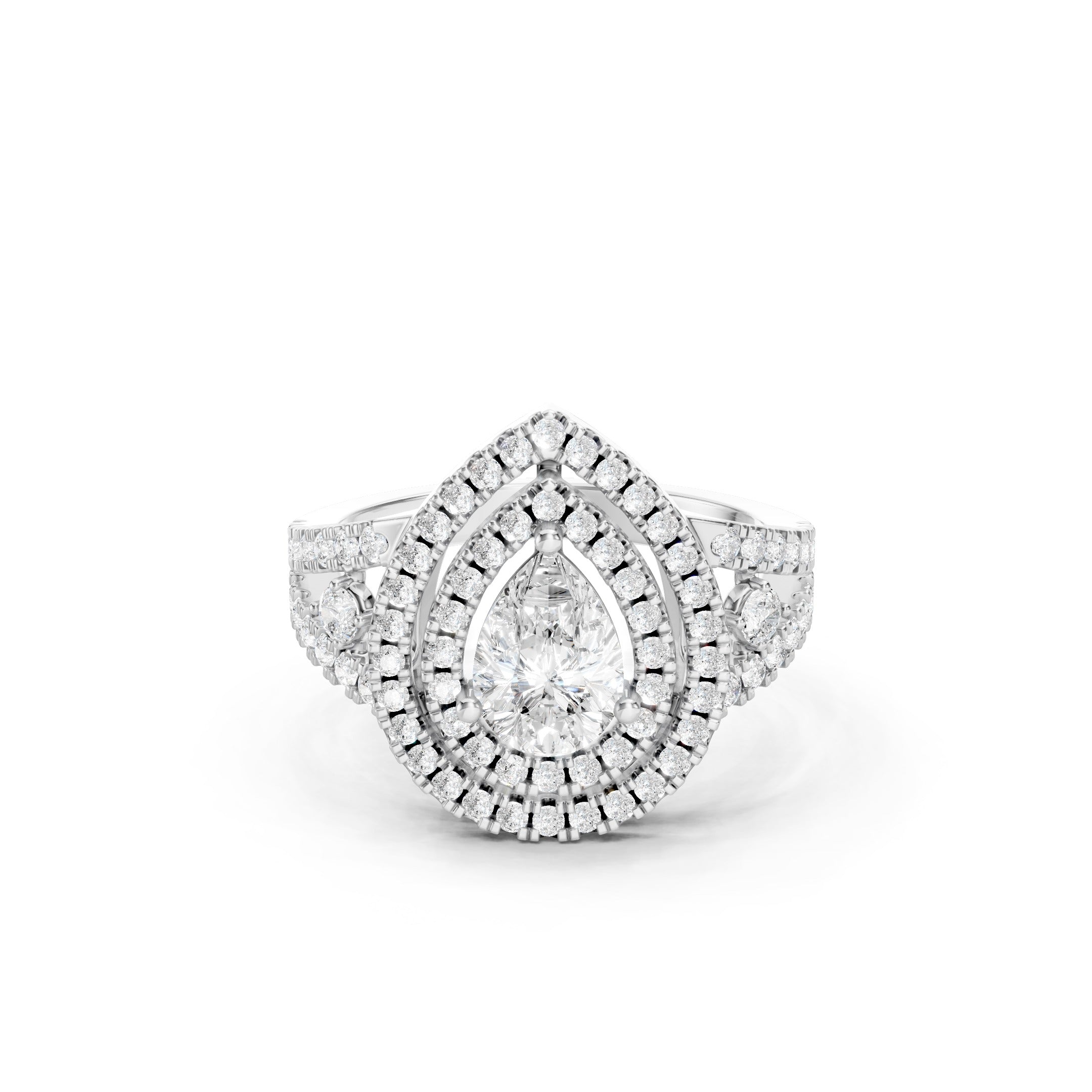 Pear Cut Lab Grown Diamond Triple Halo Engagement Ring in 14K White Gold