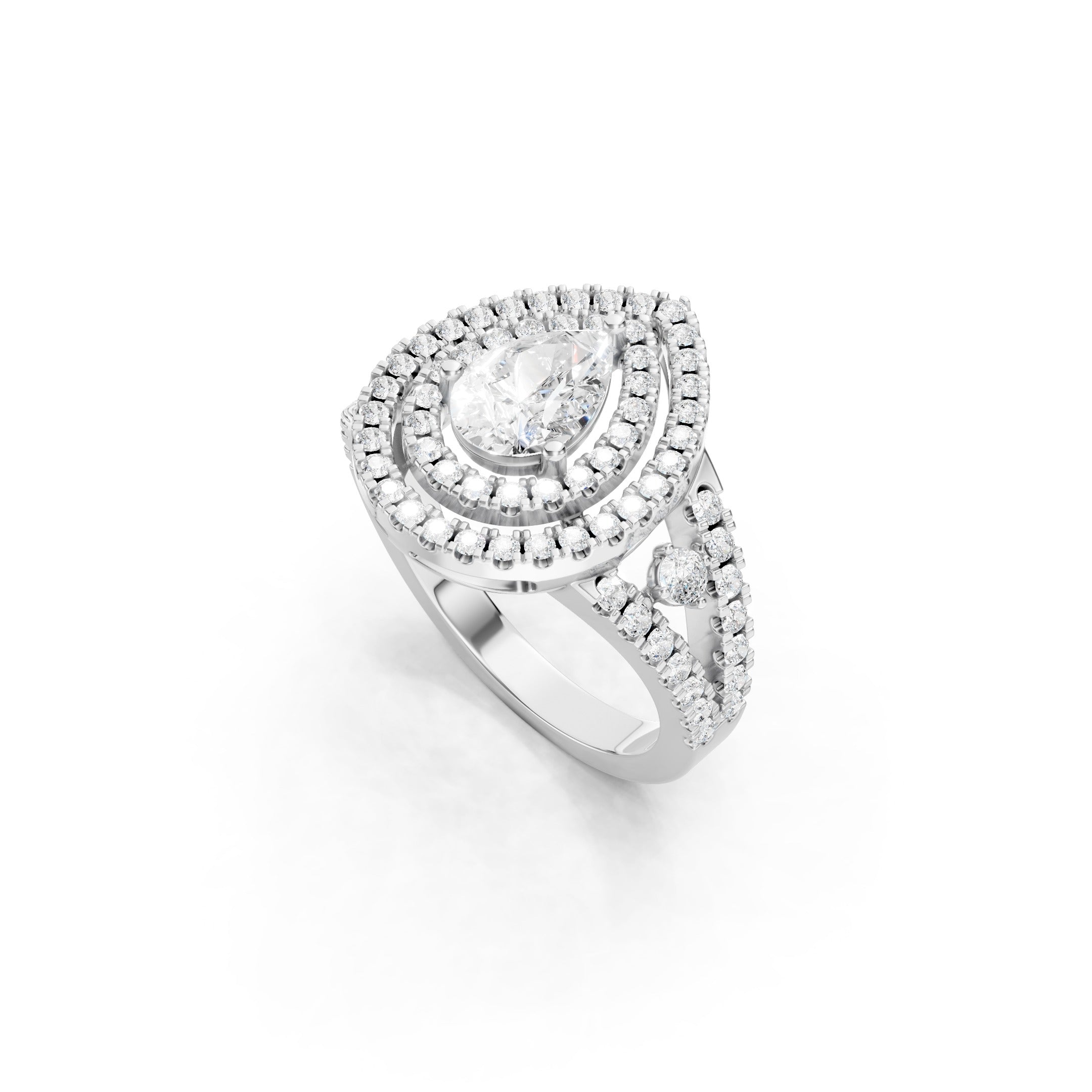 14K White Gold Pear Shaped Lab Diamond Ring with Three Rows of Pavé Halo Accents