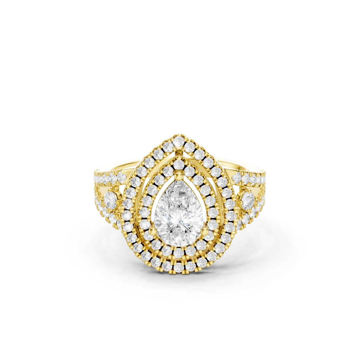 Pear Cut Lab Grown Diamond Triple Halo Engagement Ring in 14K Yellow Gold