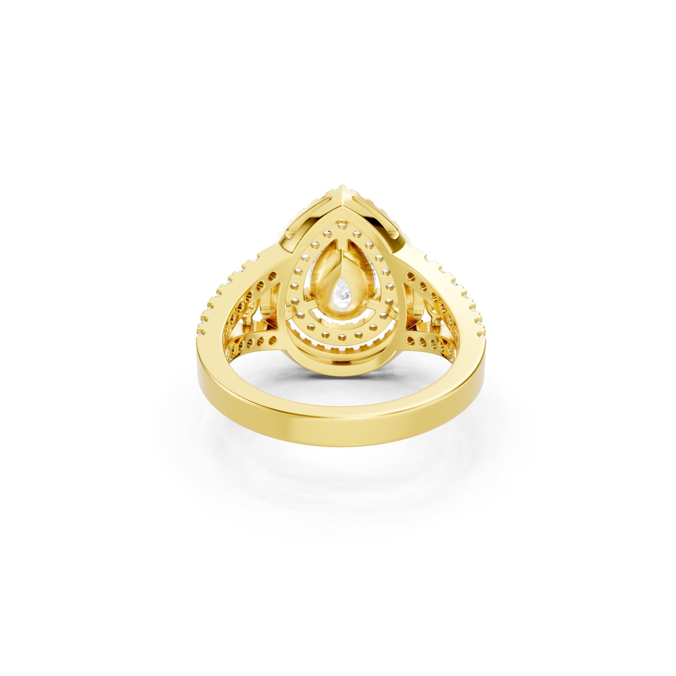 Luxury Yellow Gold Pear Cut Diamond Bridal Ring with Triple Halo and Diamond Band
