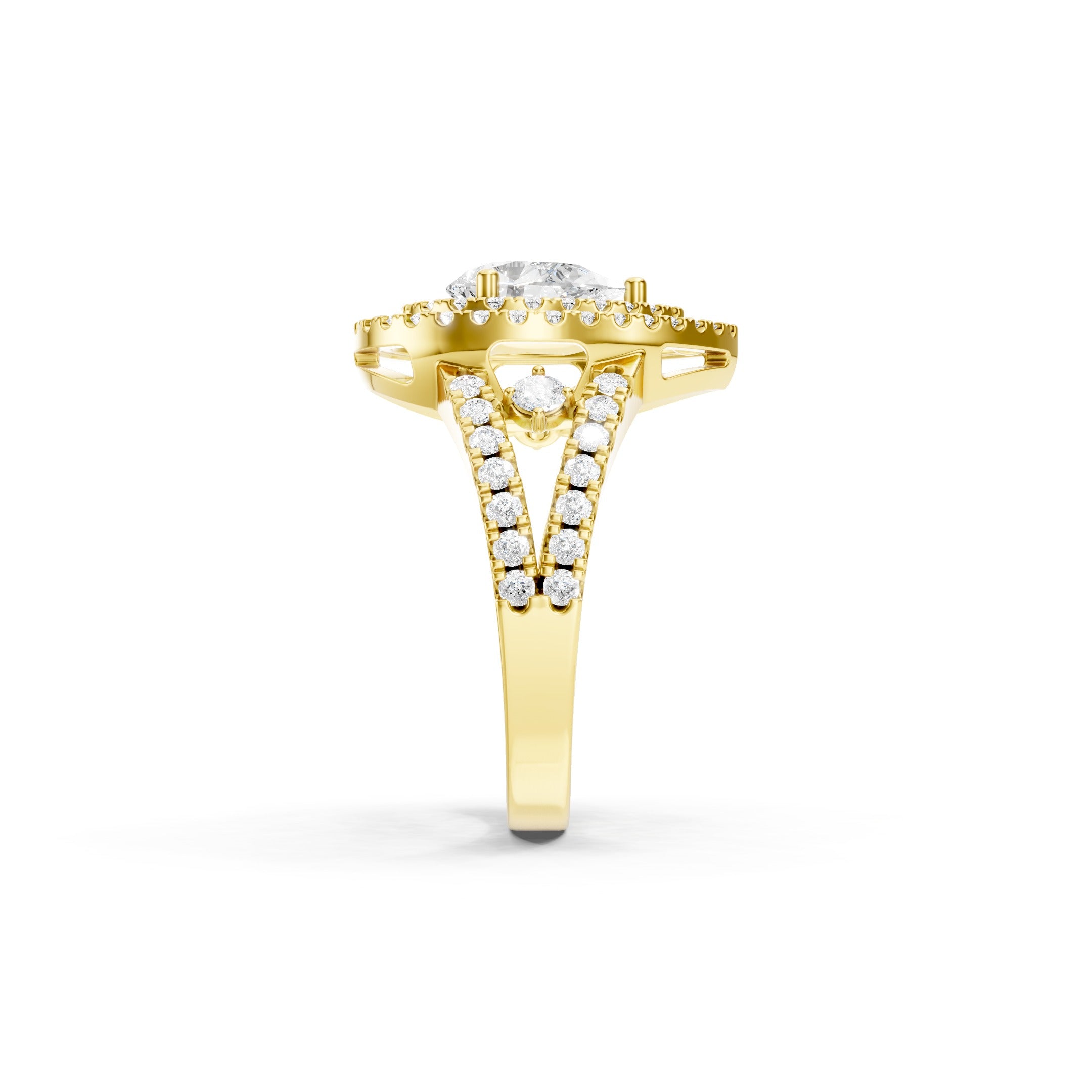 Pear Cut Lab Grown Diamond Triple Halo Engagement Ring in 14K Yellow Gold