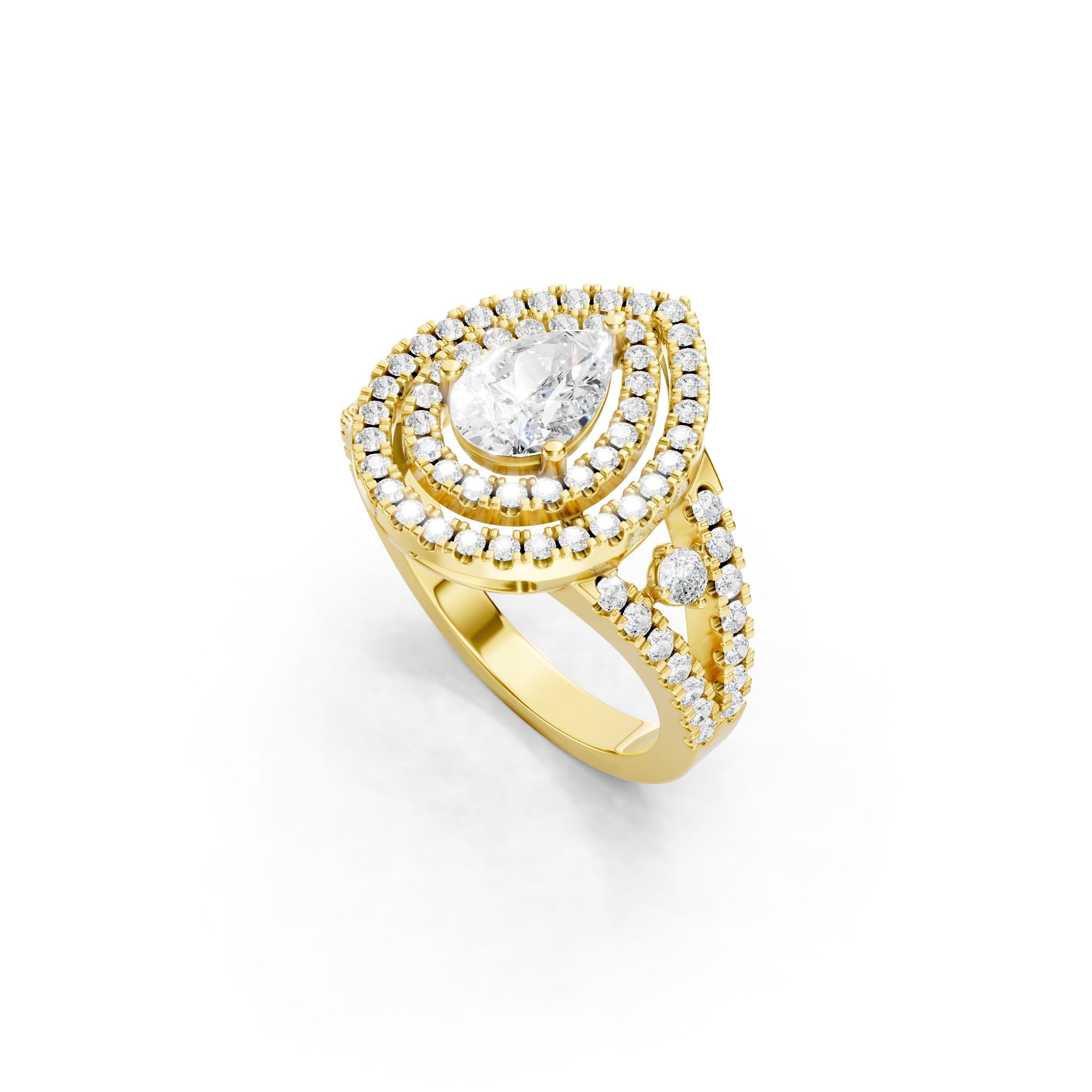 14K Yellow Gold Pear Shaped Lab Diamond Ring with Three Rows of Pavé Halo Accents