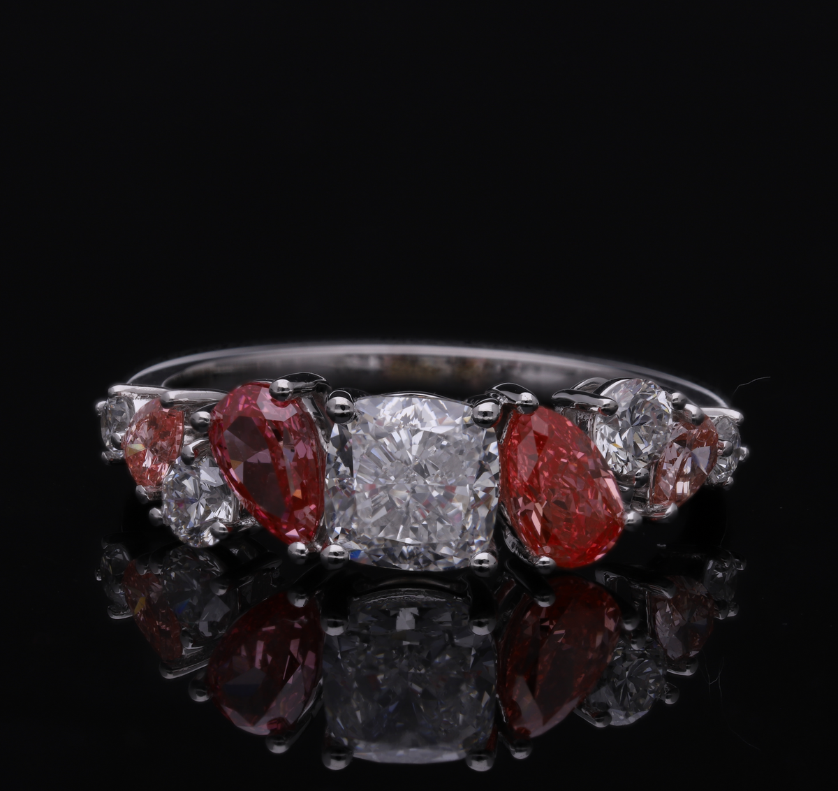 2.30 Ct White Cushion & Pink Color Pear & Round Cut Labgrown Diamond Ring | 14k White / Yellow / Rose Gold