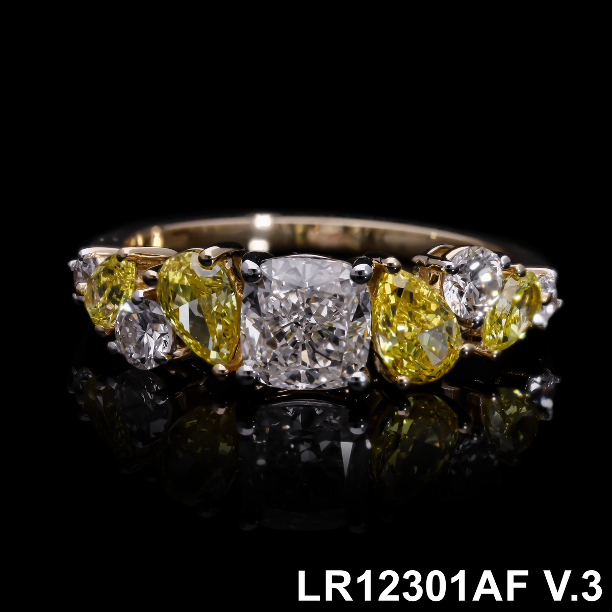 2.20 Ct White Cushion & Yellow Color Pear & Round Cut Labgrown Diamond Ring | 14k White / Yellow / Rose Gold (Copy)
