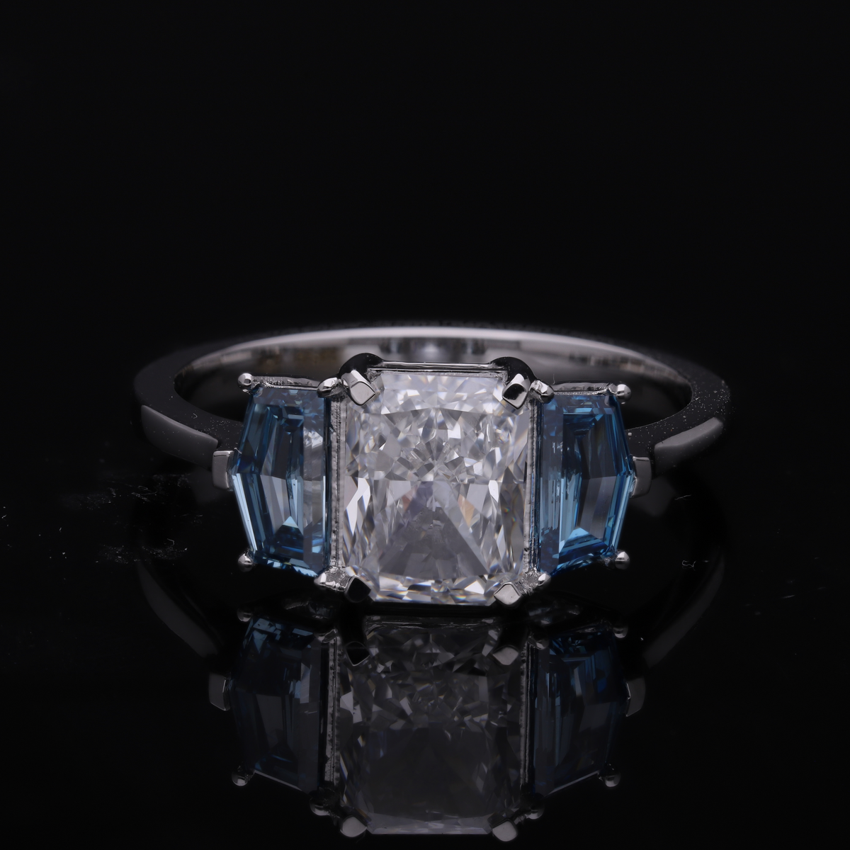 2.30 Ct White Radiant & Blue Cadillac Cut Labgrown Diamond Three-Stone Ring | 14k White / Yellow / Rose Gold