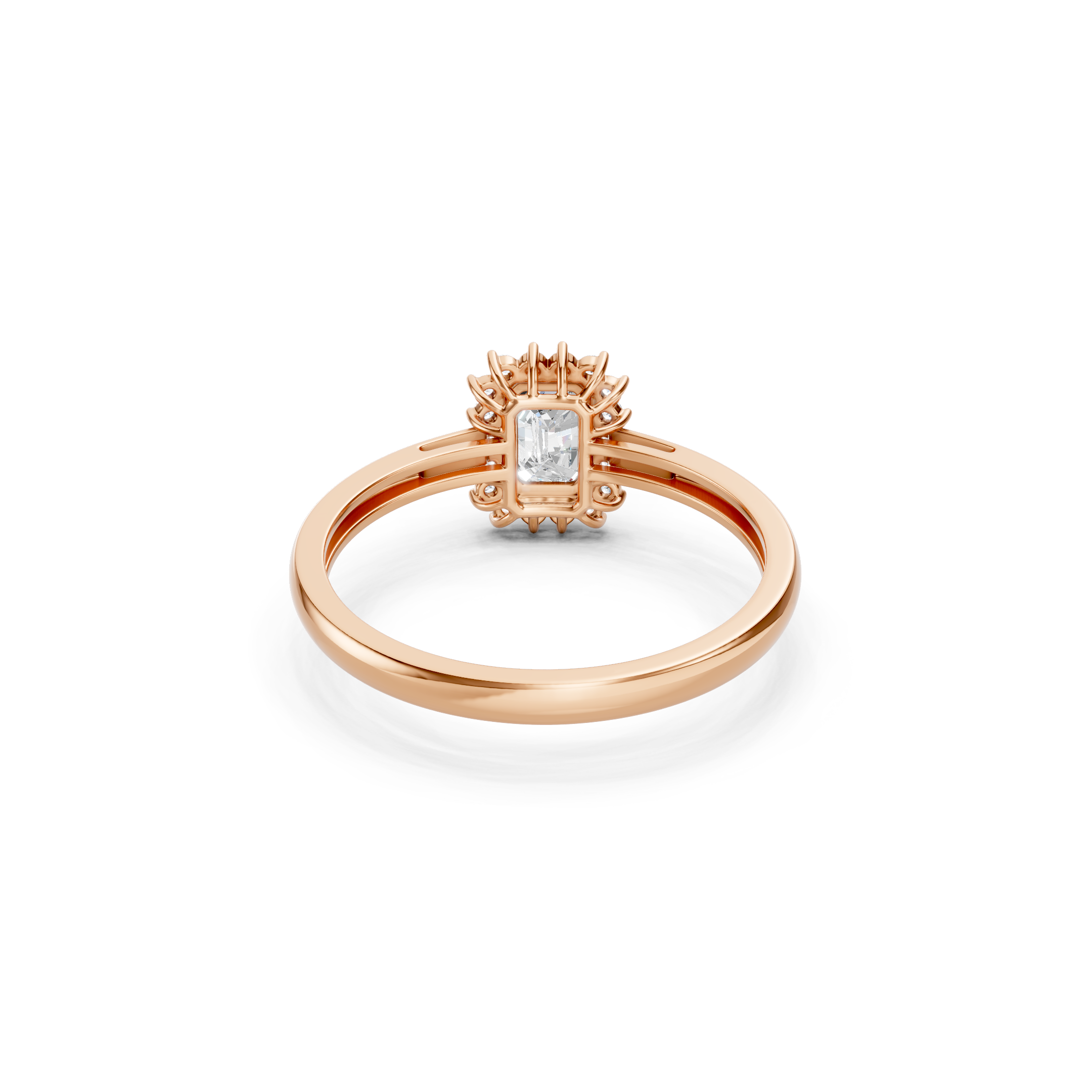 rose gold emerald cut lab grown diamond halo ring showcasing the detailed open gallery, secure center stone setting, and smooth solid gold band.