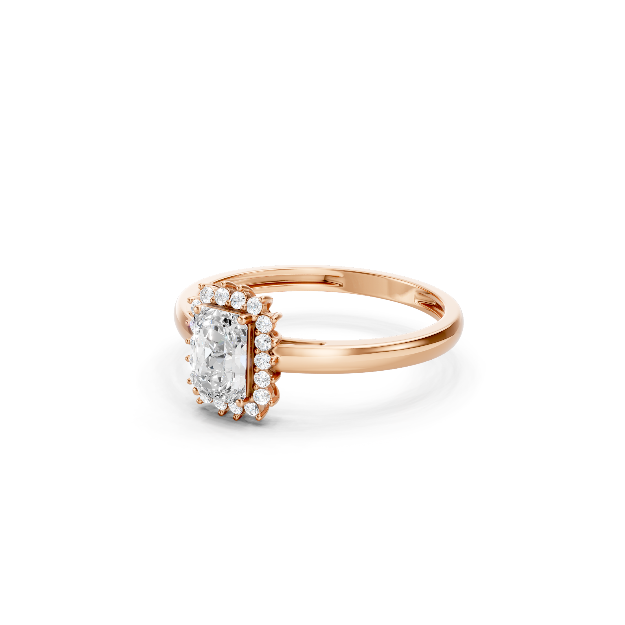 Rose gold emerald cut lab grown diamond halo engagement ring with sparkling round accent diamonds, elegant solid gold bridal ring for women.
