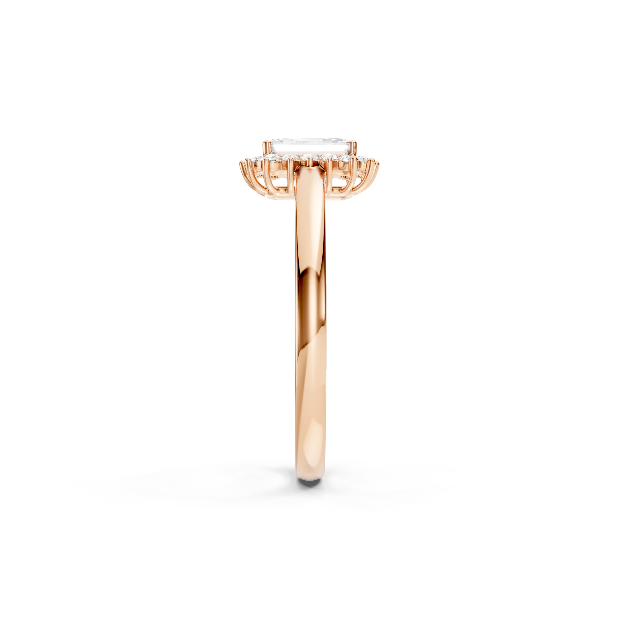 Rose gold emerald cut lab grown diamond halo engagement ring with sparkling round accent diamonds, elegant solid gold bridal ring for women.
