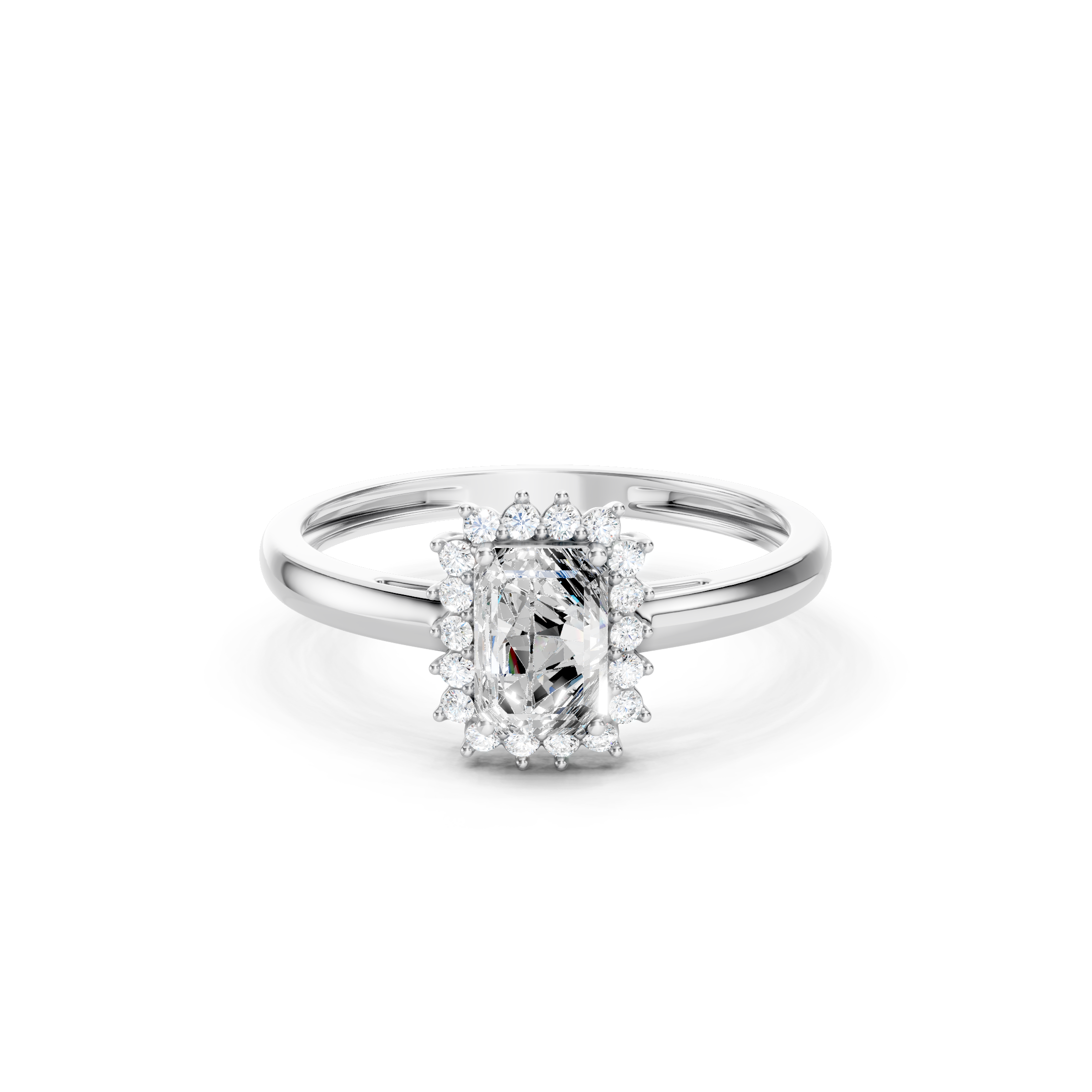 White gold emerald cut lab grown diamond halo engagement ring with sparkling round accent diamonds, elegant solid gold bridal jewelry.