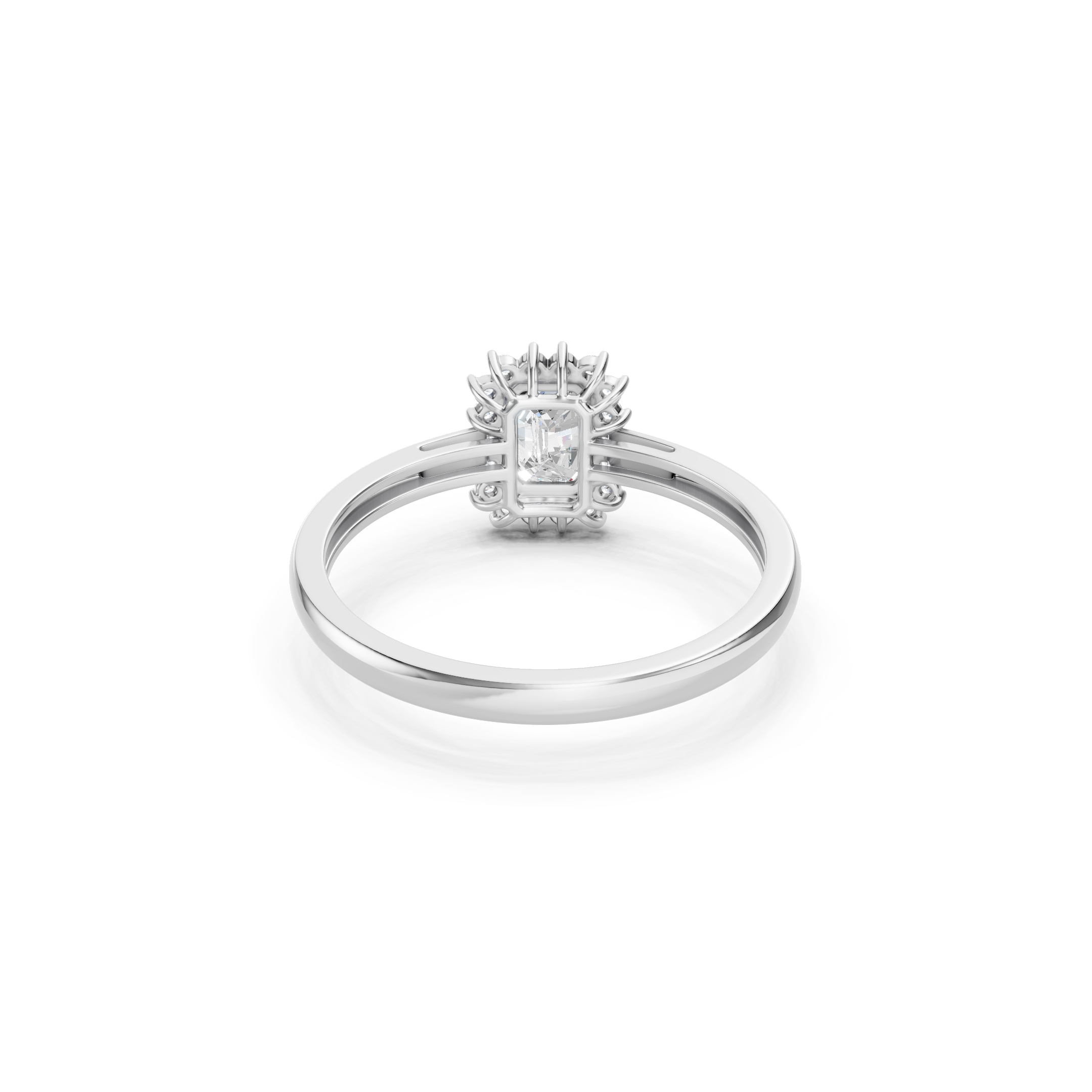 white gold emerald cut lab grown diamond halo ring showcasing the detailed prong setting, open gallery, and sleek solid gold band.