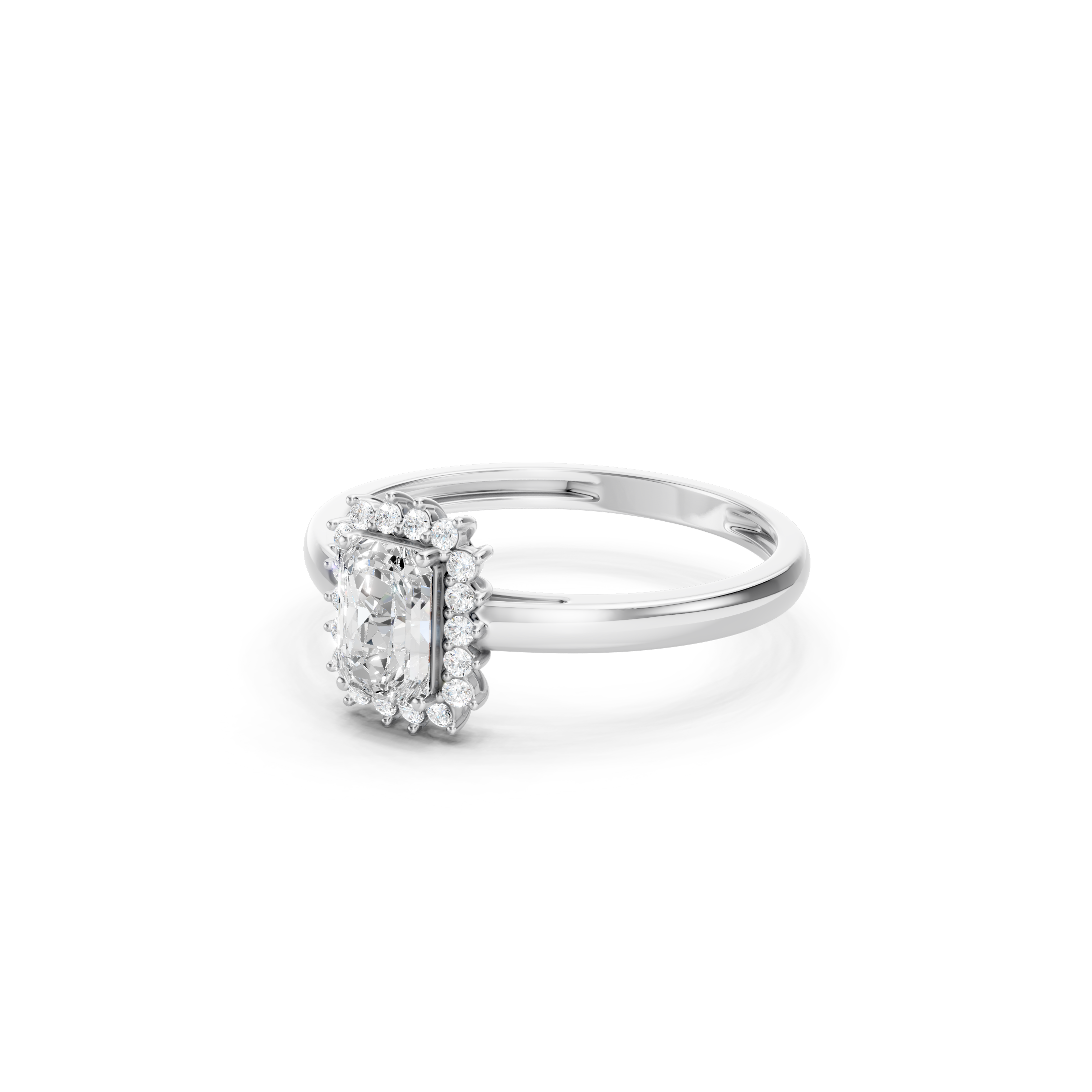 White gold emerald cut lab grown diamond halo engagement ring with sparkling round accent diamonds, elegant solid gold bridal jewelry.