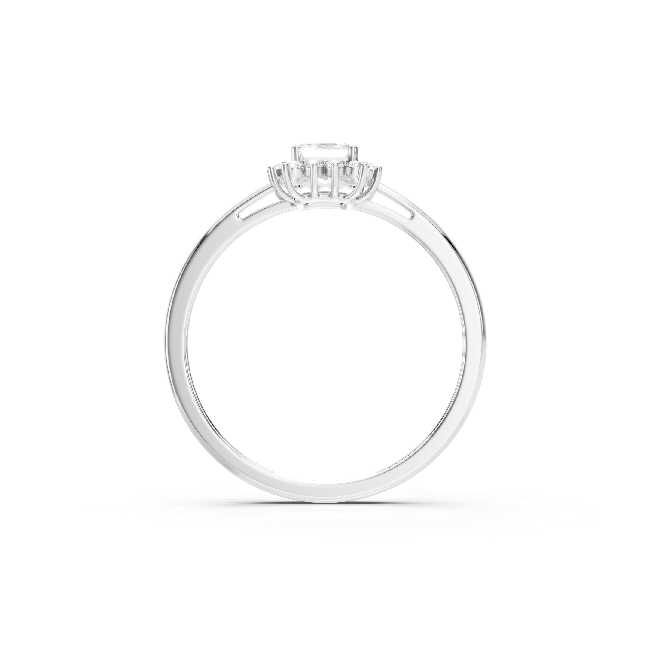 White gold emerald cut lab grown diamond halo engagement ring with sparkling round accent diamonds, elegant solid gold bridal jewelry.