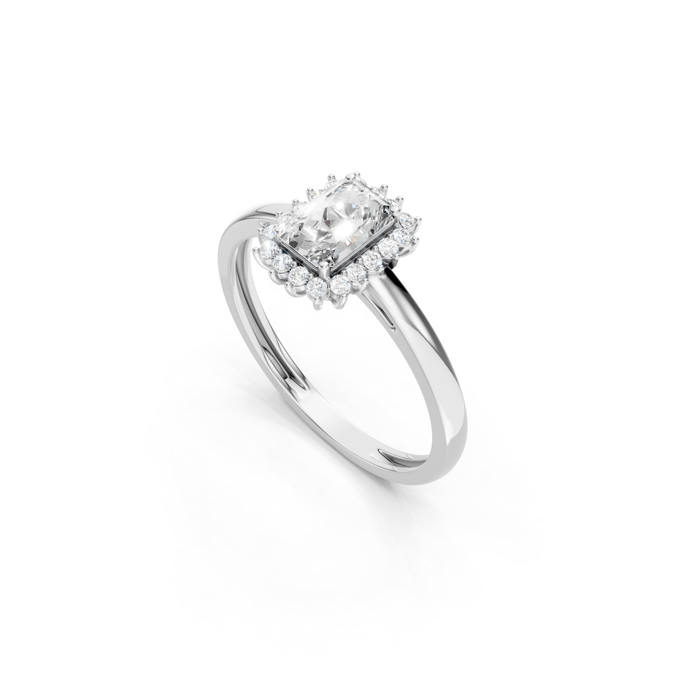 white gold emerald cut lab grown diamond engagement ring featuring a round diamond halo, elevated center setting, and polished gold band.