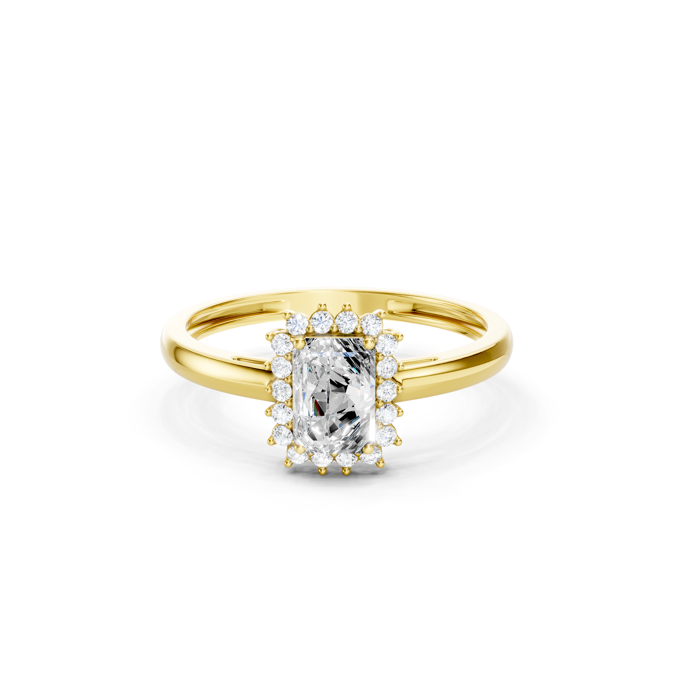 Yellow gold emerald cut lab grown diamond engagement ring with round diamond halo, 1.20 CT total weight, elegant solid gold bridal jewelry.
