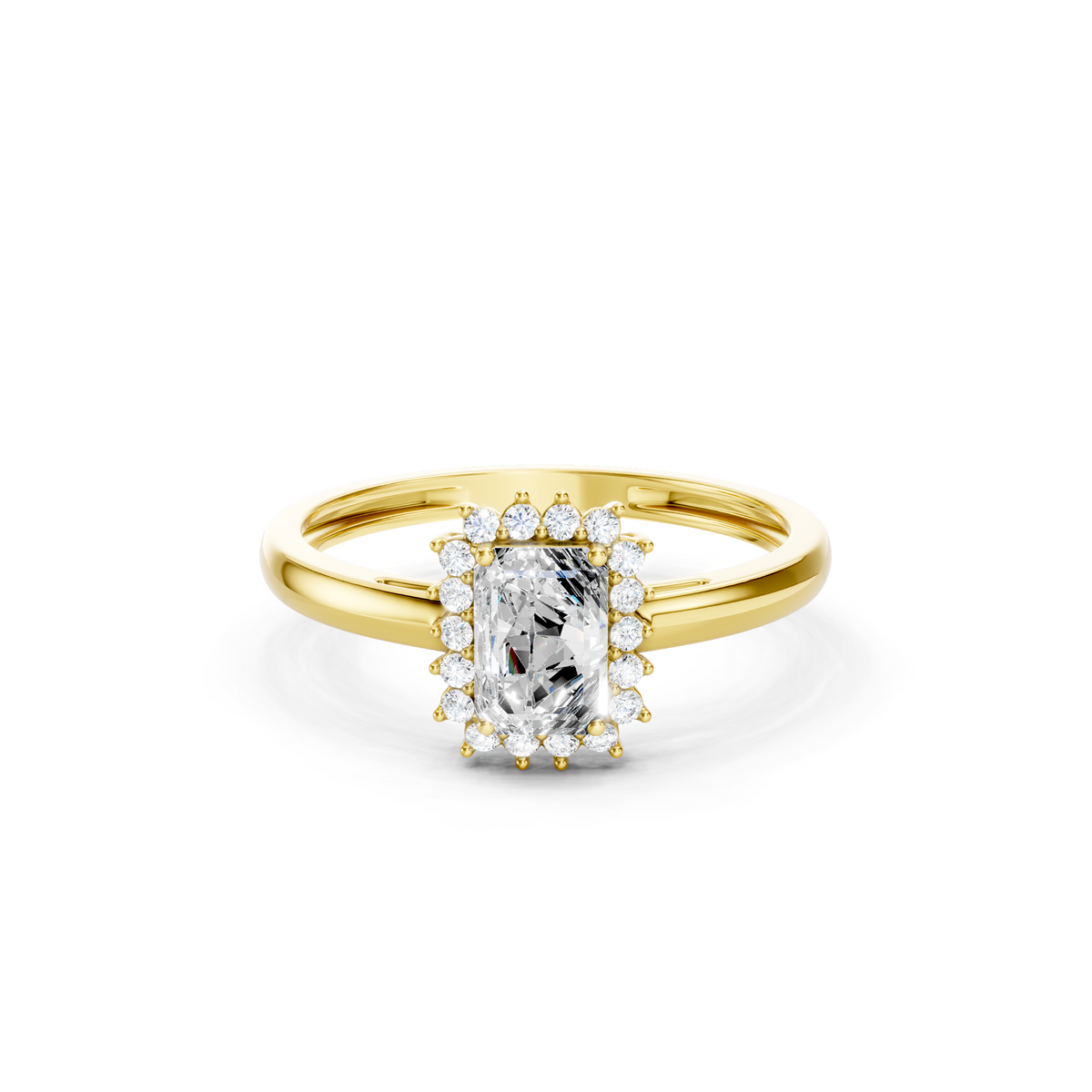 Yellow gold emerald cut lab grown diamond engagement ring with round diamond halo, 1.20 CT total weight, elegant solid gold bridal jewelry.